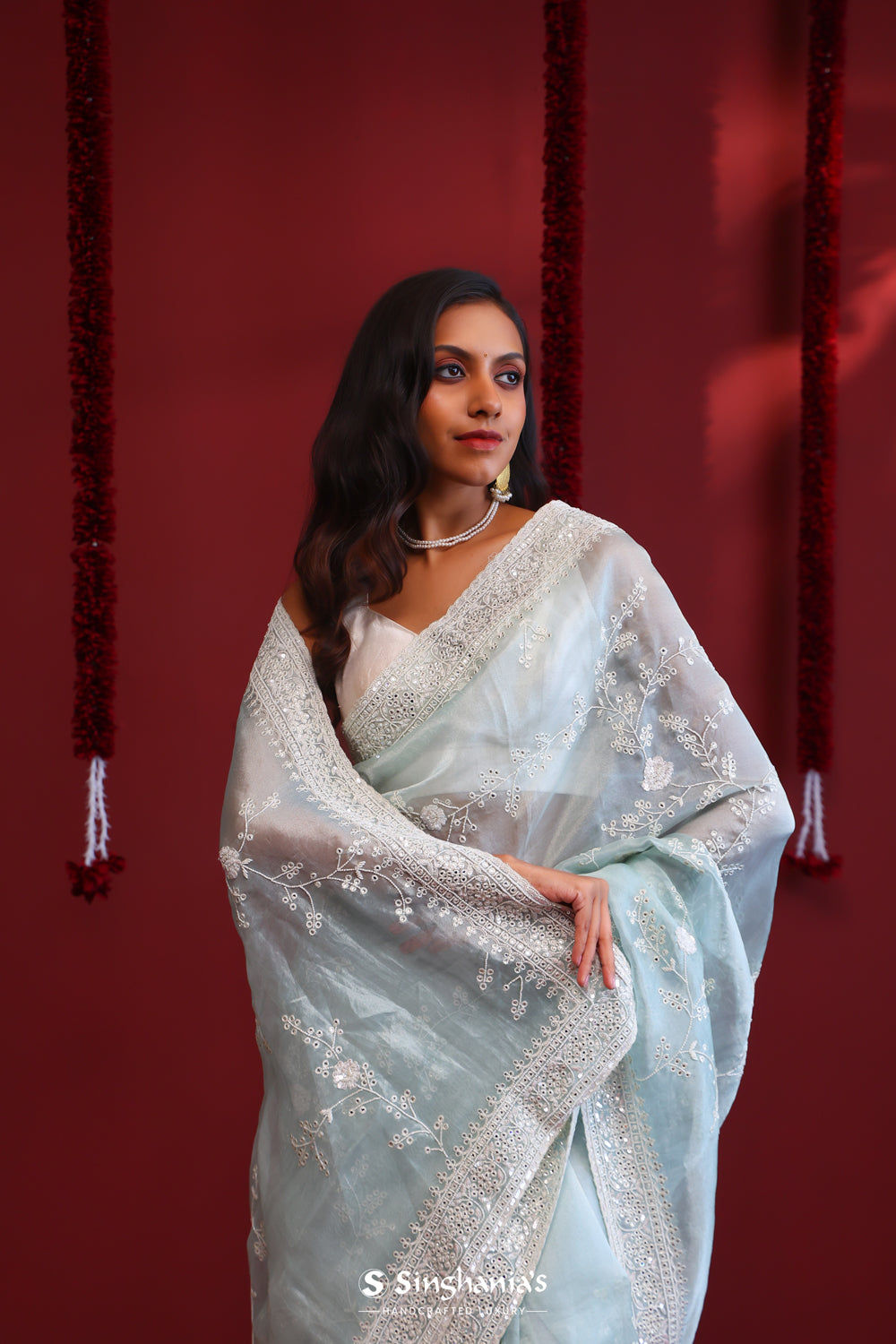 Powder Blue Handcrafted Organza Saree