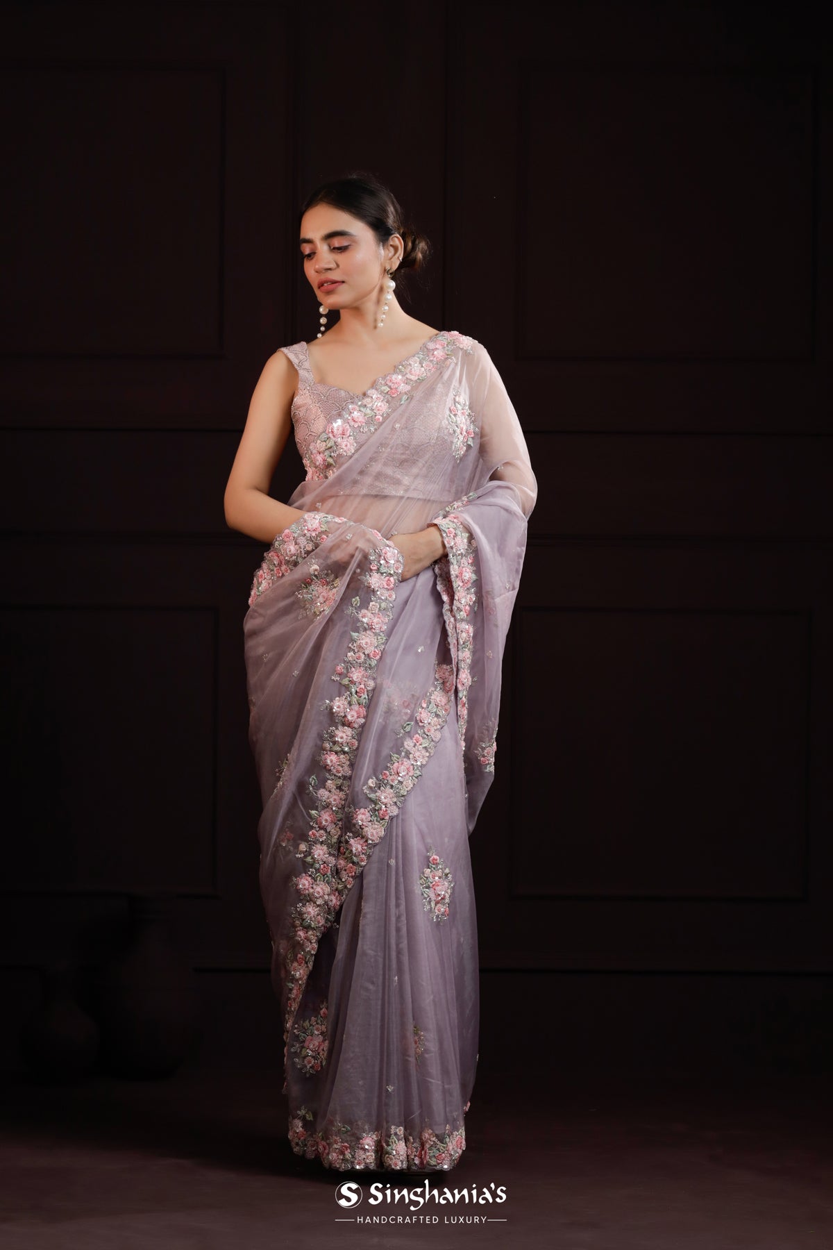 Purple Grey Handcrafted Organza Saree With Floral Butta Design