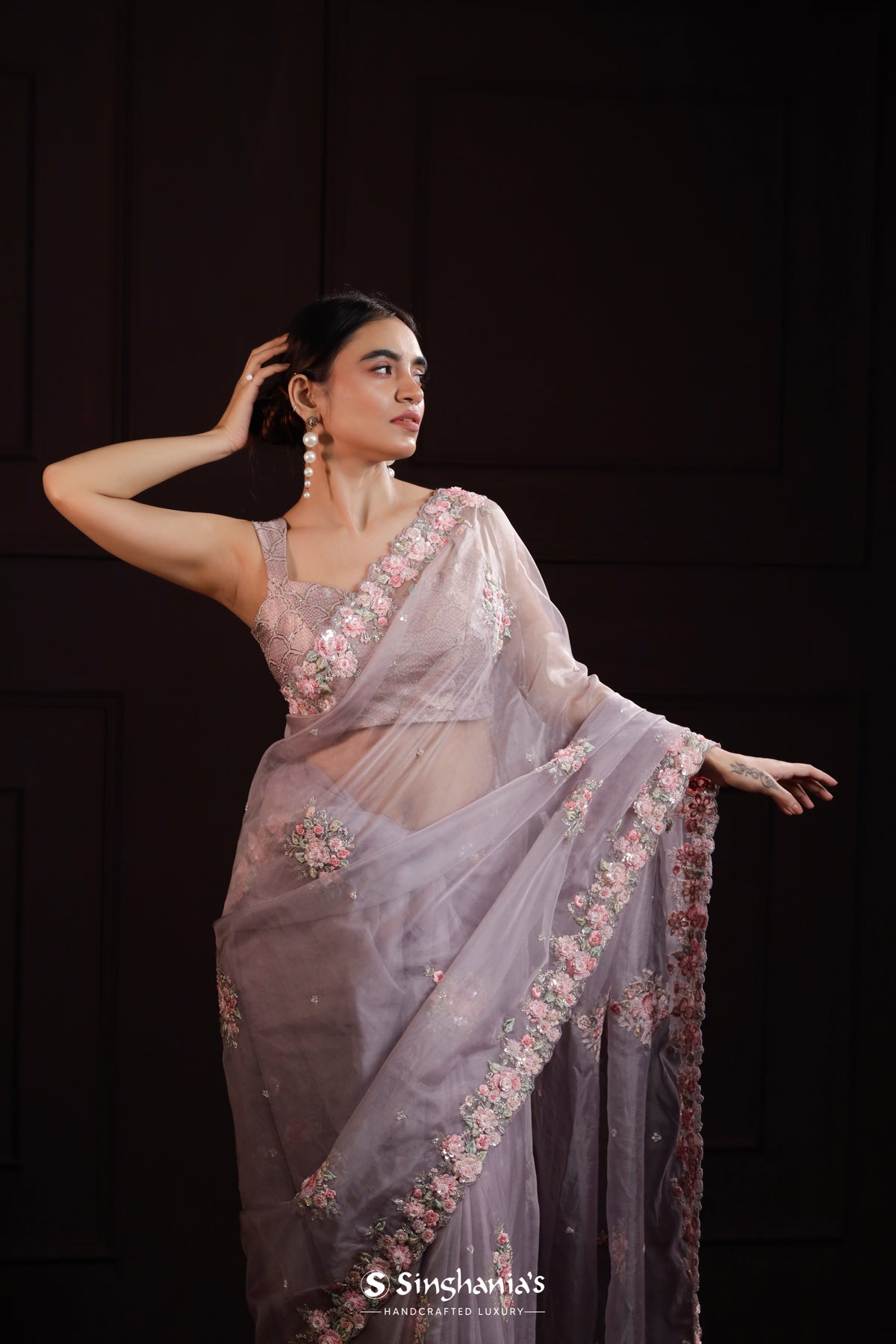 Purple Grey Handcrafted Organza Saree With Floral Butta Design