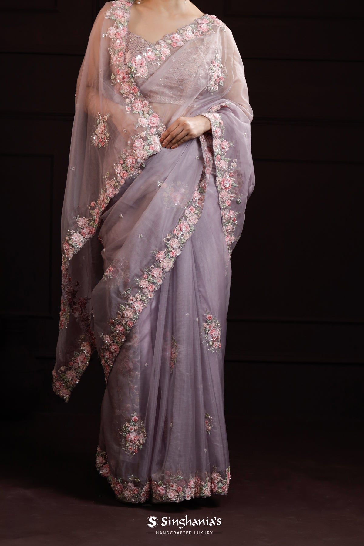 Purple Grey Handcrafted Organza Saree With Floral Butta Design