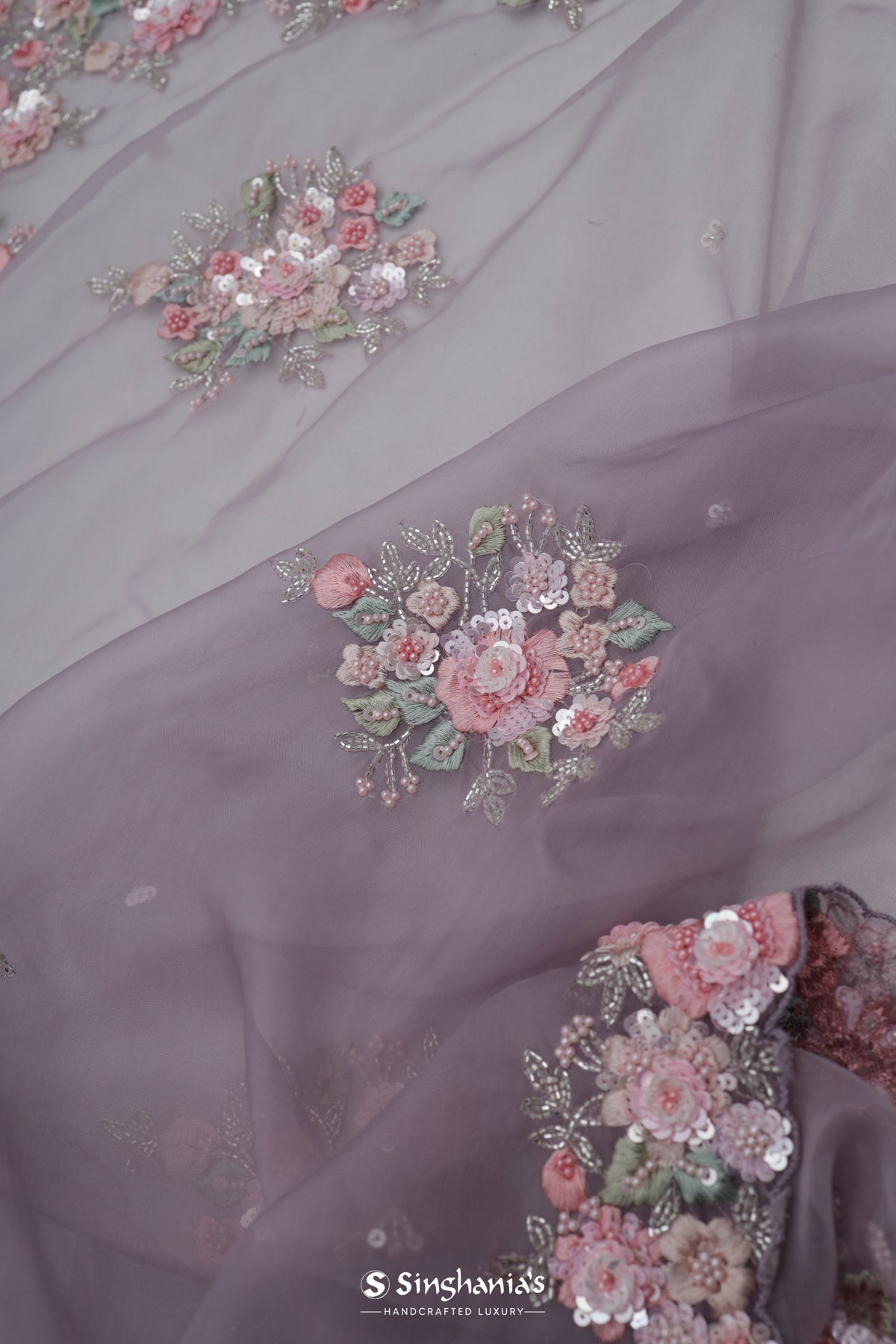 Purple Grey Handcrafted Organza Saree With Floral Butta Design