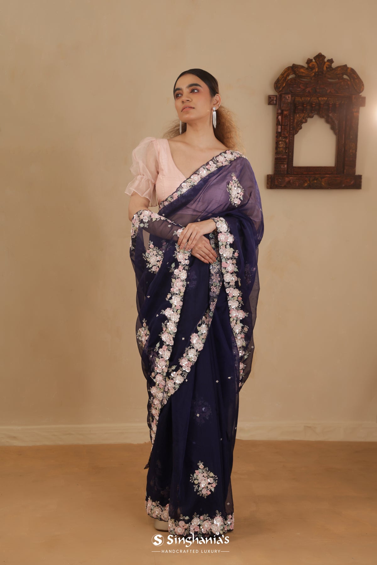 Navy Blue Organza Saree With Floral Embroidery