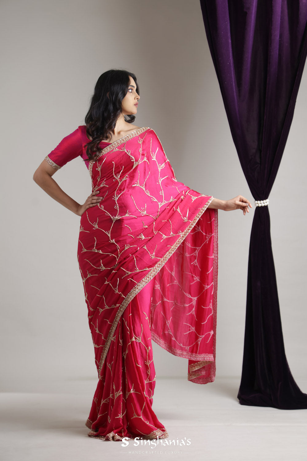 Bright Pink Satin Saree With Hand Embroidery