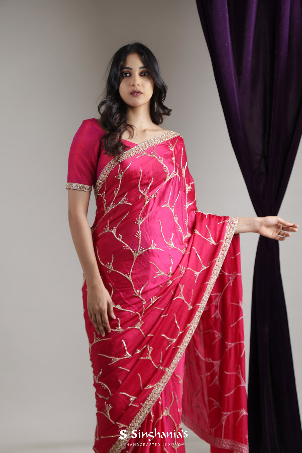 Bright Pink Satin Saree With Hand Embroidery