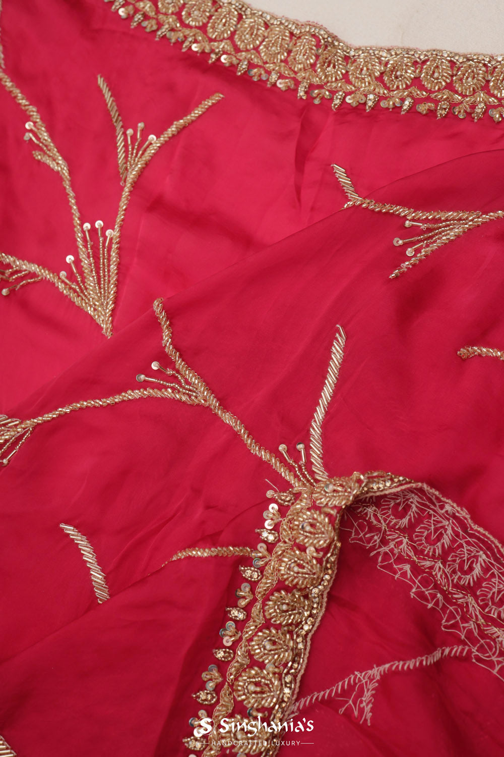 Bright Pink Satin Saree With Hand Embroidery