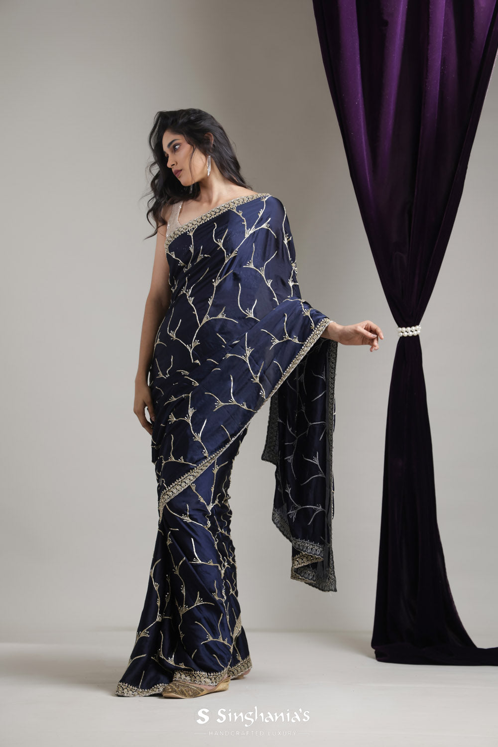 Navy Blue Satin Saree With Hand Embroidery