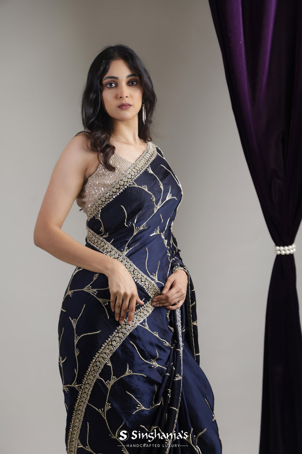 Navy Blue Satin Saree With Hand Embroidery