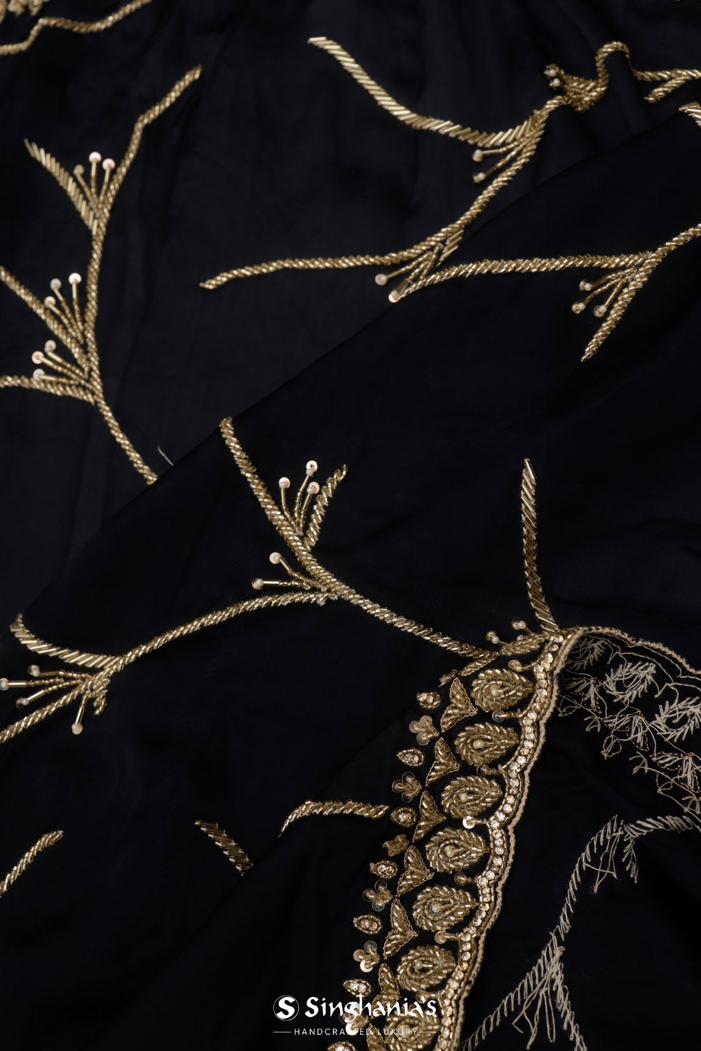 Navy Blue Satin Saree With Hand Embroidery