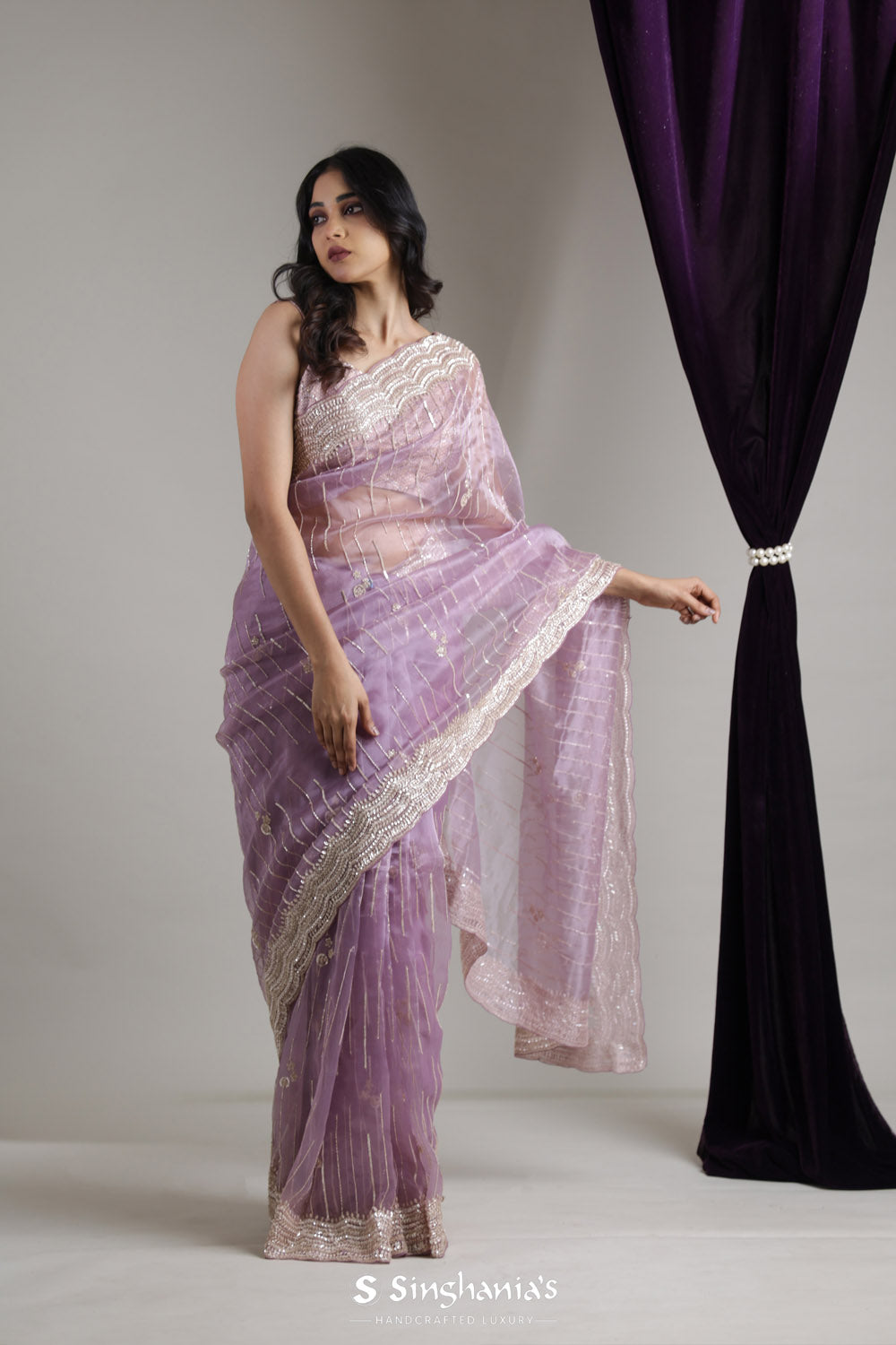 Pale Purple Organza Saree With Hand Embroidery