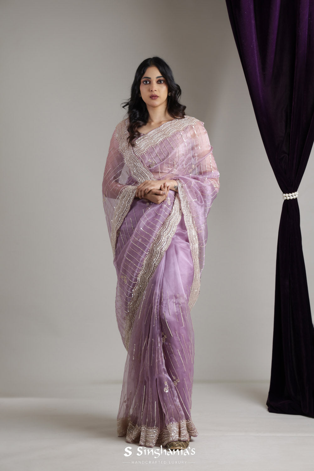 Pale Purple Organza Saree With Hand Embroidery