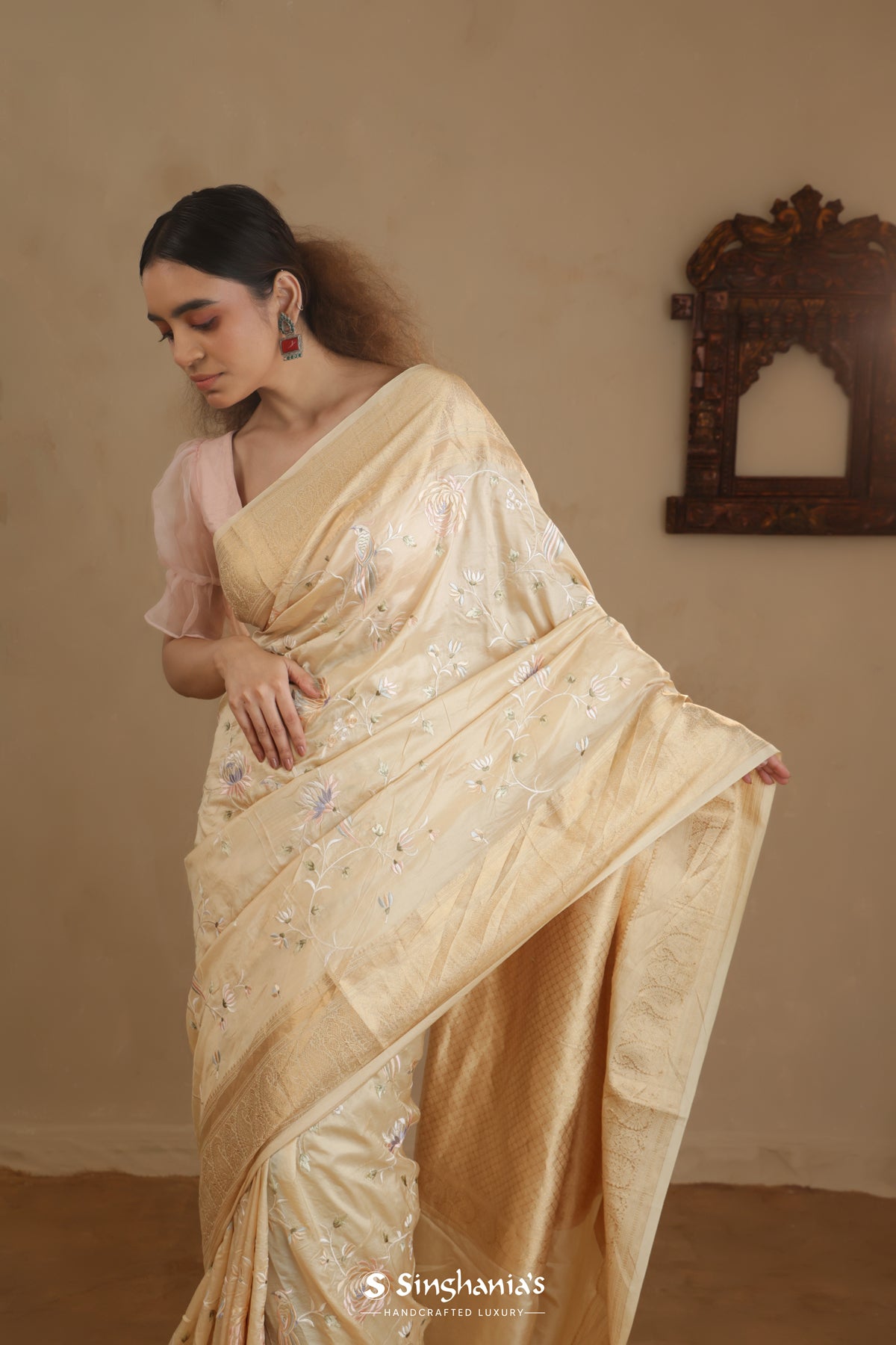 Beige Kanchi Saree With Floral Jaal Embroidery