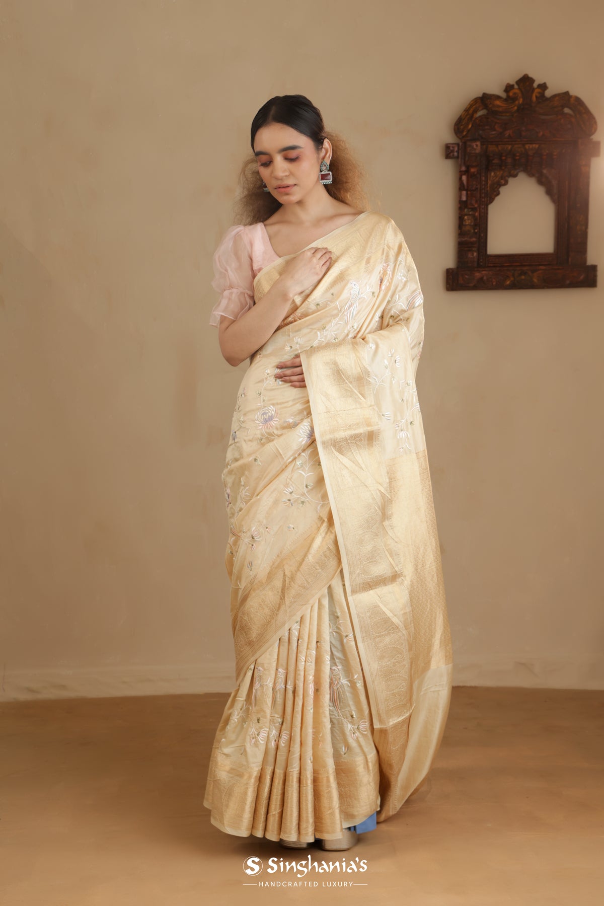 Beige Kanchi Saree With Floral Jaal Embroidery