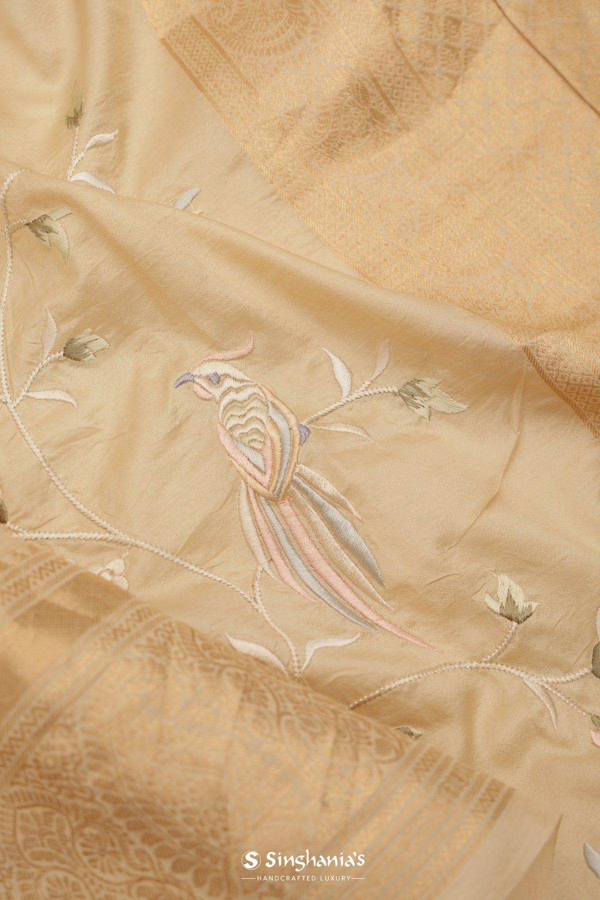 Beige Kanchi Saree With Floral Jaal Embroidery