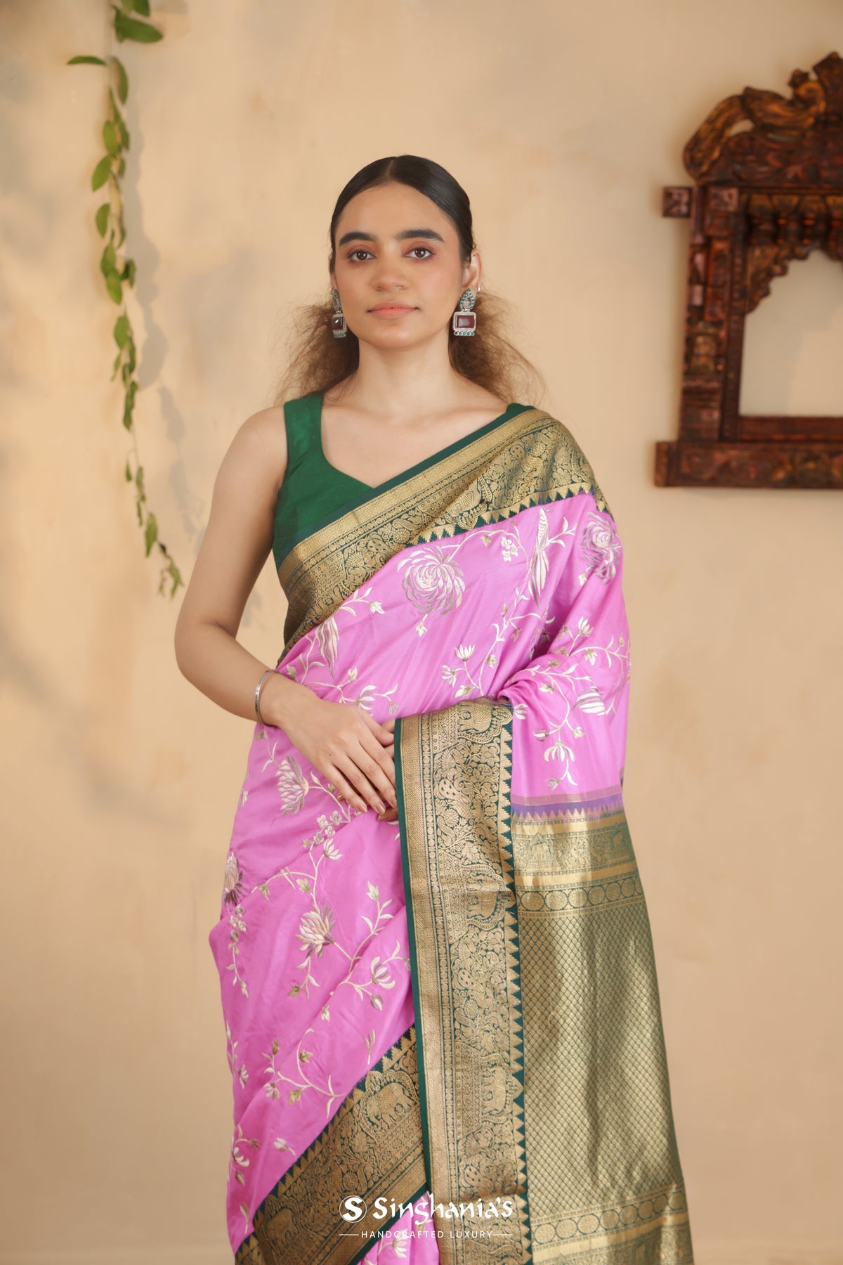 Middle Purple Kanchi Saree With Floral Embroidery