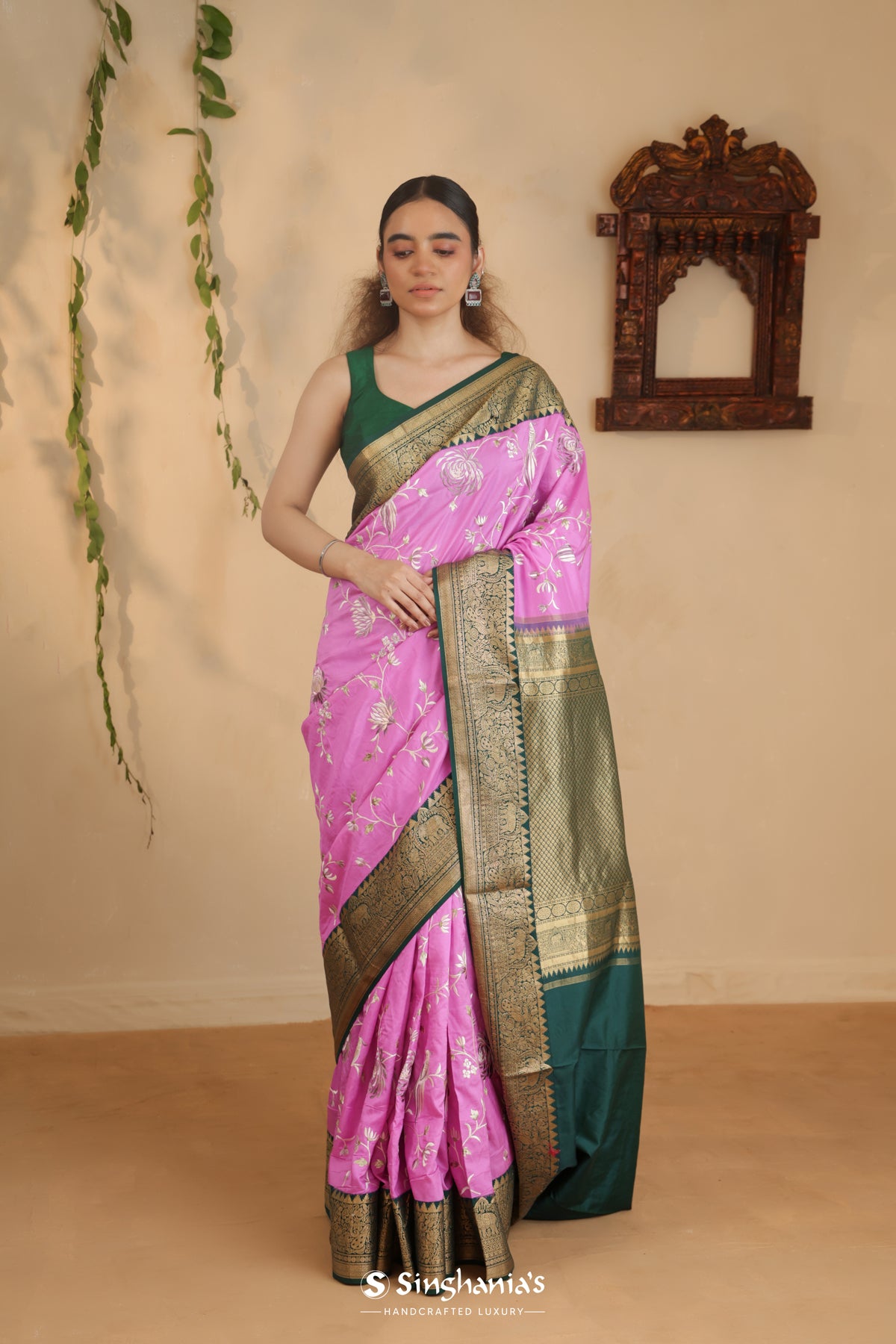 Middle Purple Kanchi Saree With Floral Embroidery