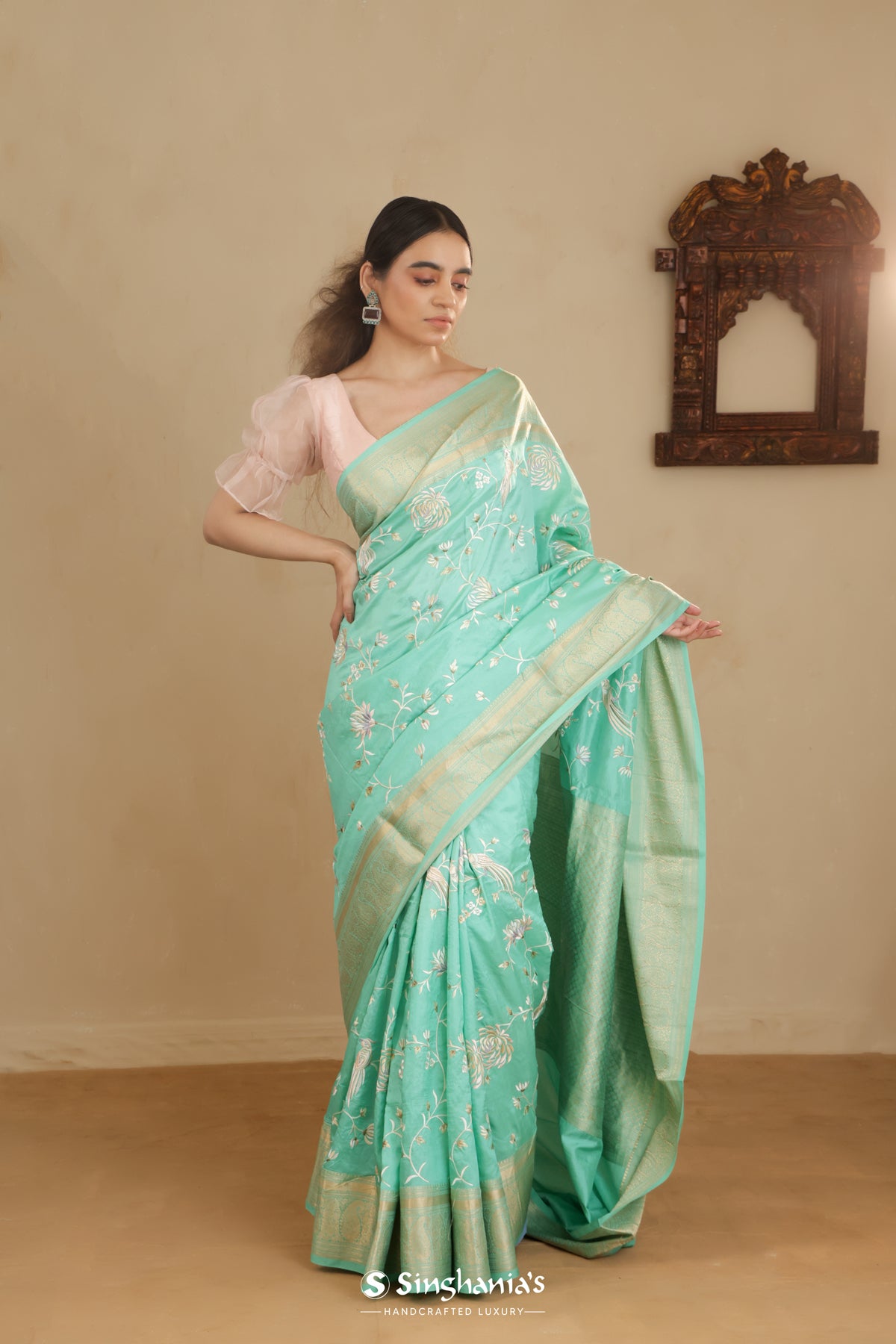 Aqua Blue Kanchi Saree With Floral Jaal Embroidery