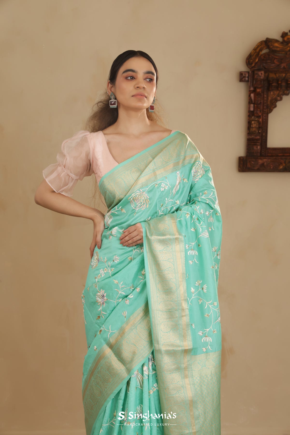 Aqua Blue Kanchi Saree With Floral Jaal Embroidery