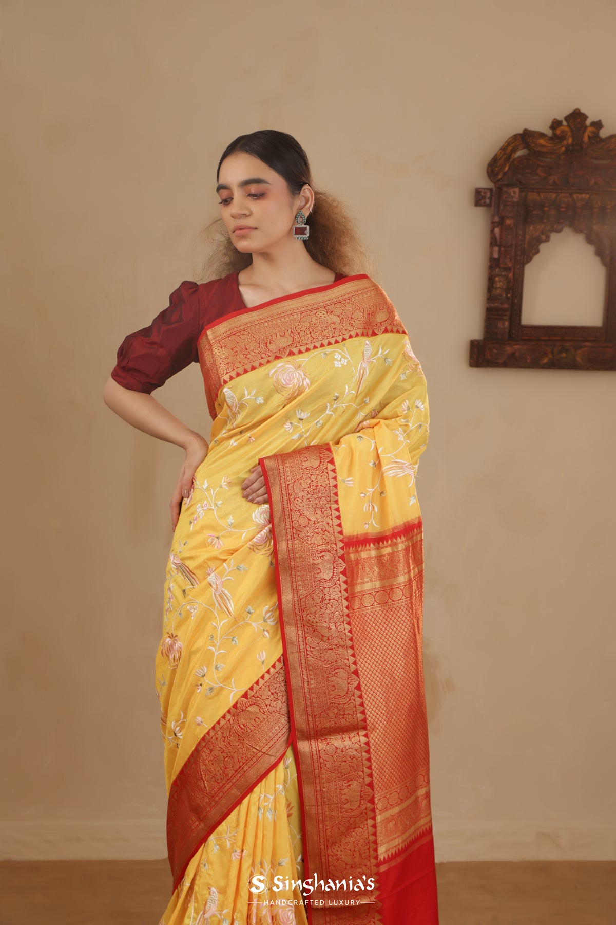 Bright Yellow Kanchi Saree With Floral Embroidery