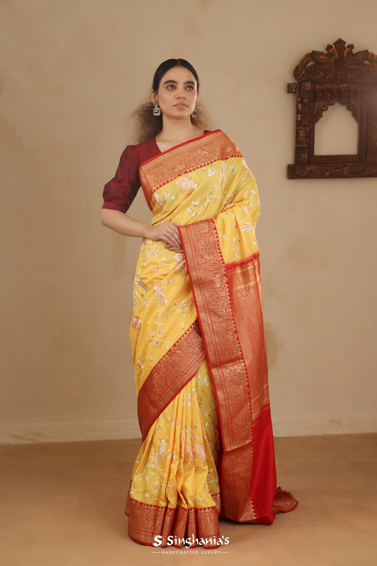 Bright Yellow Kanchi Saree With Floral Embroidery