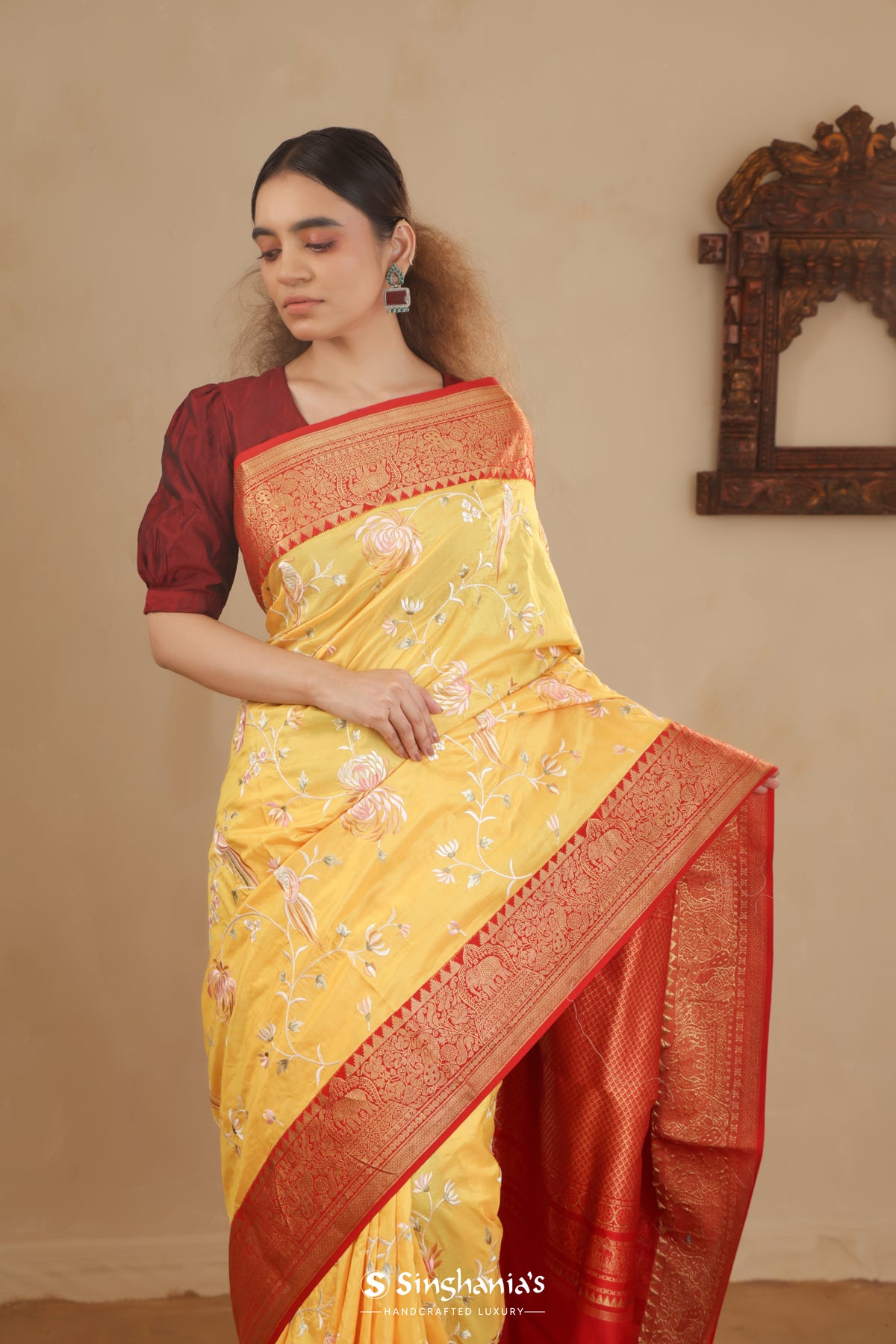 Bright Yellow Kanchi Saree With Floral Embroidery