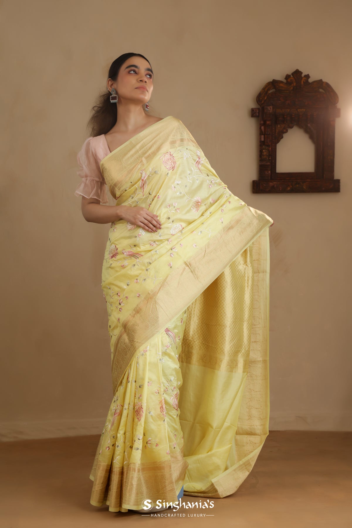 Light Yellow Kanchi Saree With Floral Embroidery