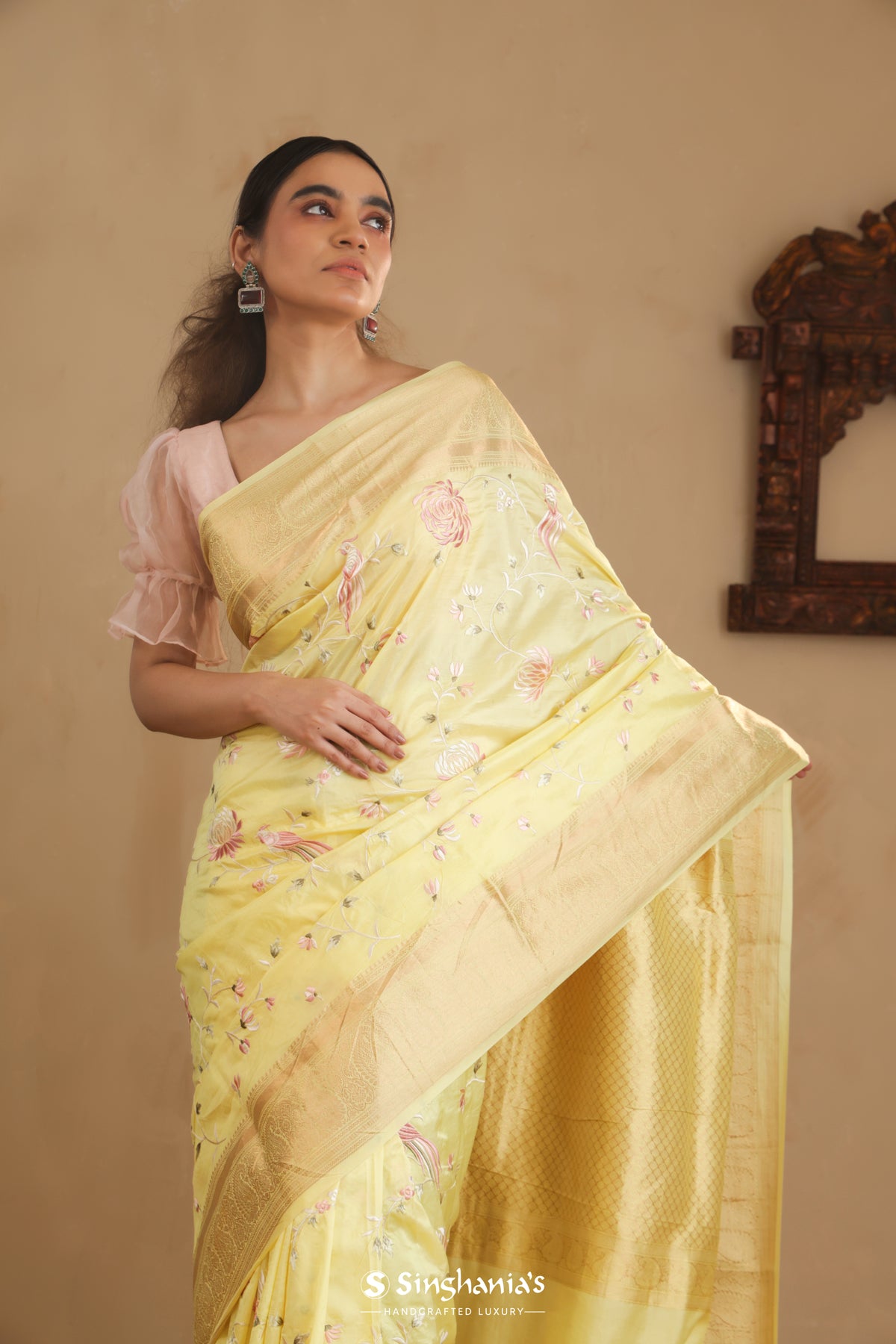 Light Yellow Kanchi Saree With Floral Embroidery