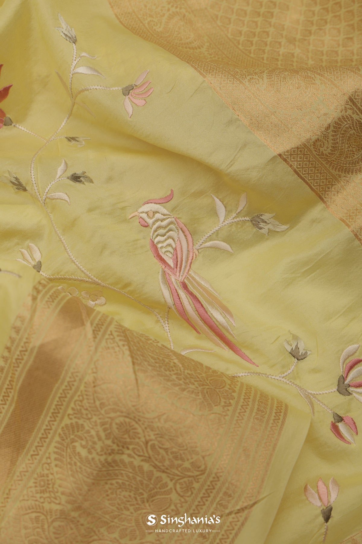 Light Yellow Kanchi Saree With Floral Embroidery