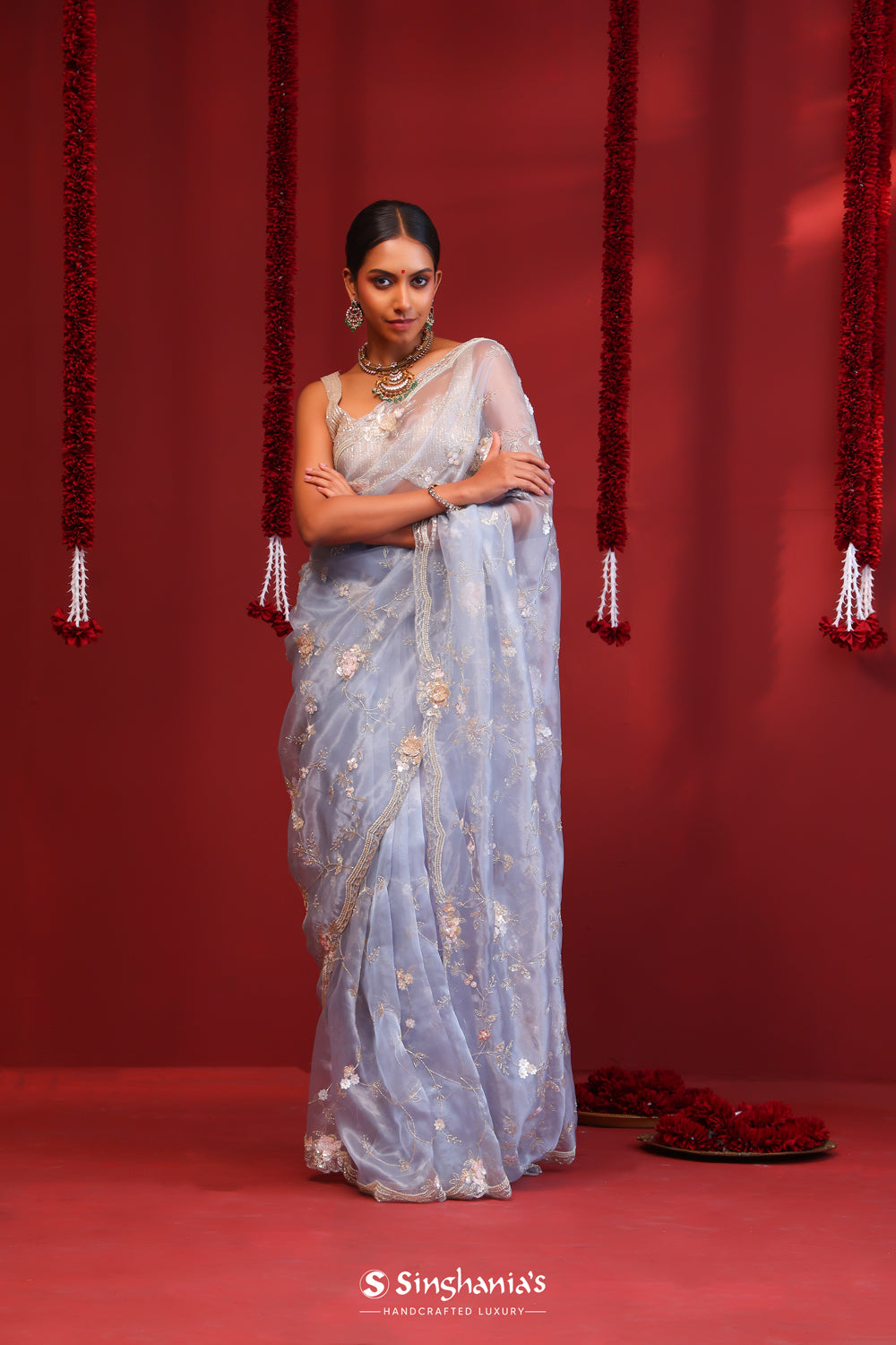 Arctic Blue Handcrafted Organza Saree