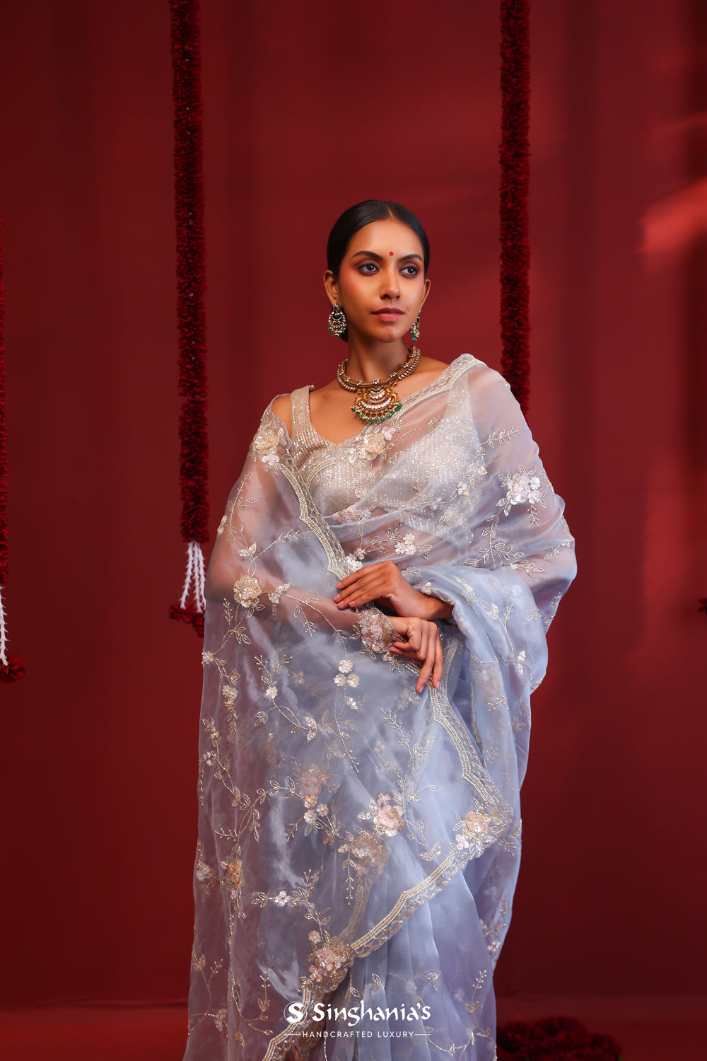 Arctic Blue Handcrafted Organza Saree