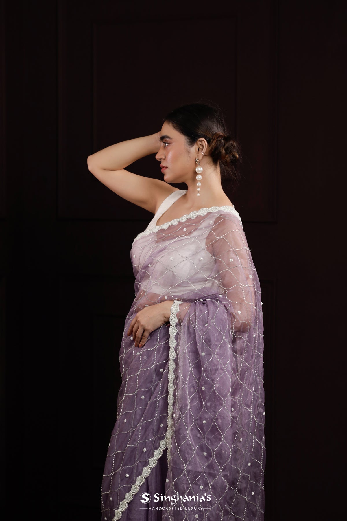 Chinese Violet Organza Saree With Hand Embroidery