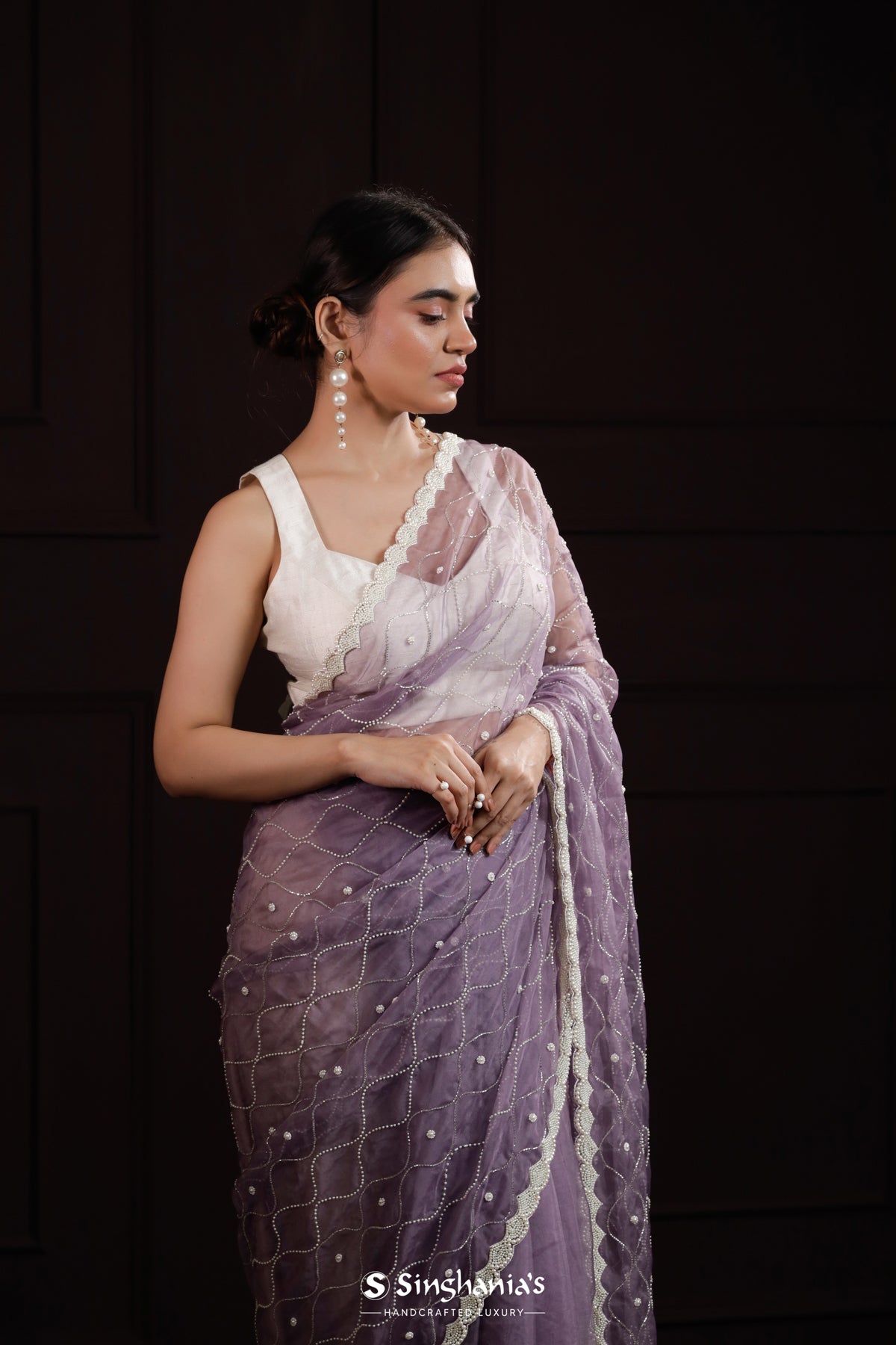 Chinese Violet Organza Saree With Hand Embroidery