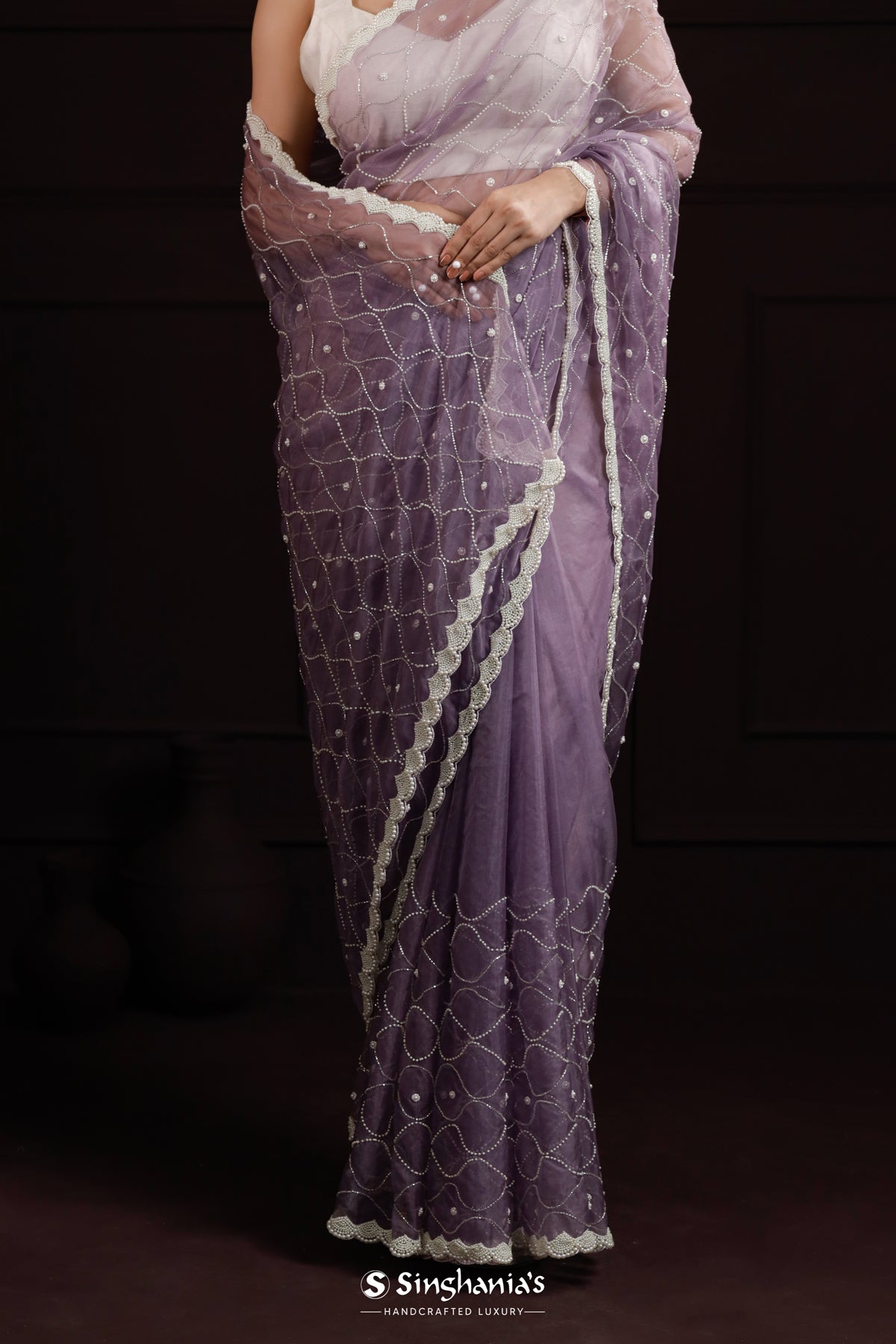 Chinese Violet Organza Saree With Hand Embroidery