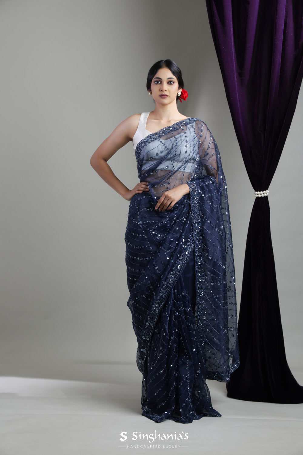 Delft Blue Organza Saree With Hand Embroidery