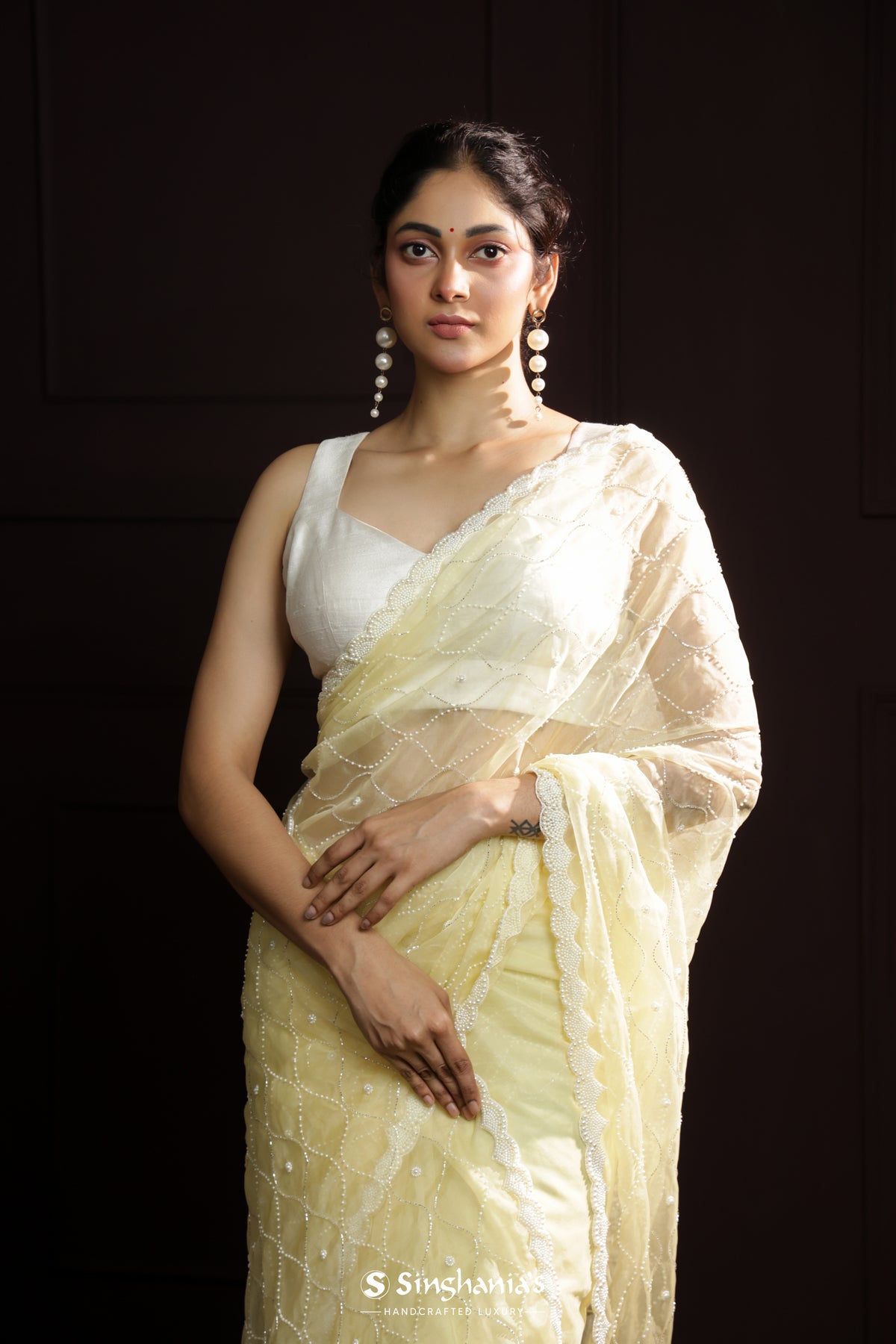 Pale Yellow Organza Saree With Jaal Embroidery