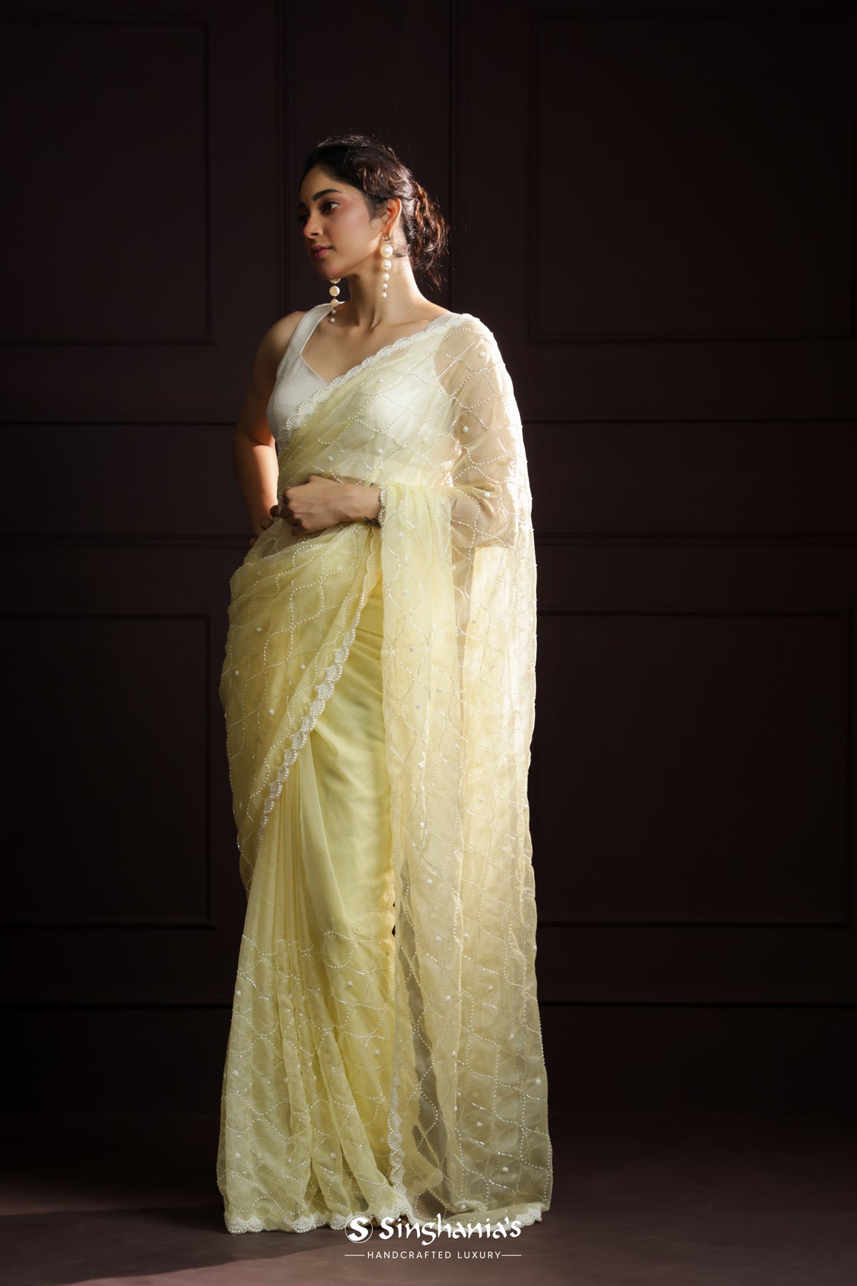 Pale Yellow Organza Saree With Jaal Embroidery