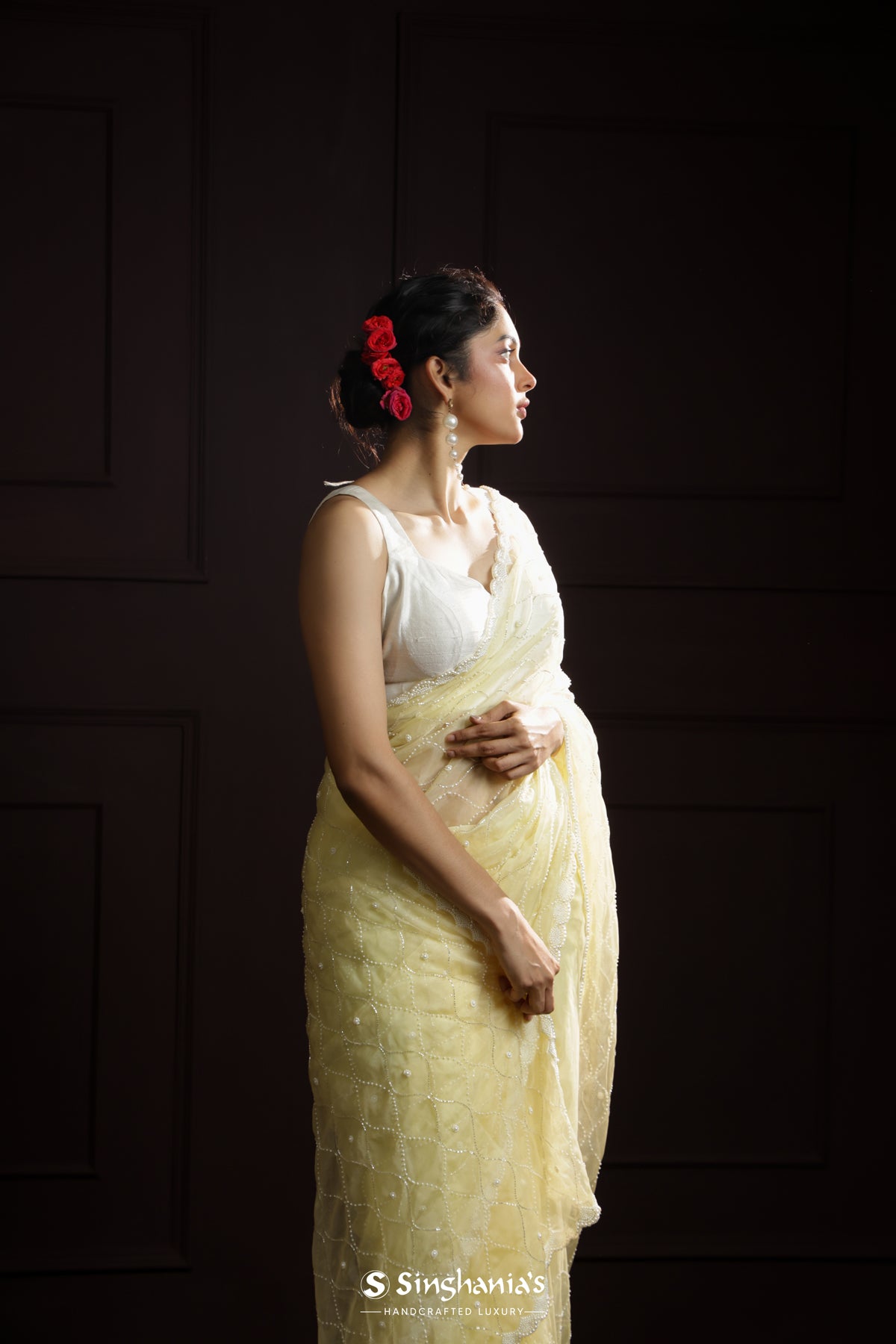 Pale Yellow Organza Saree With Jaal Embroidery