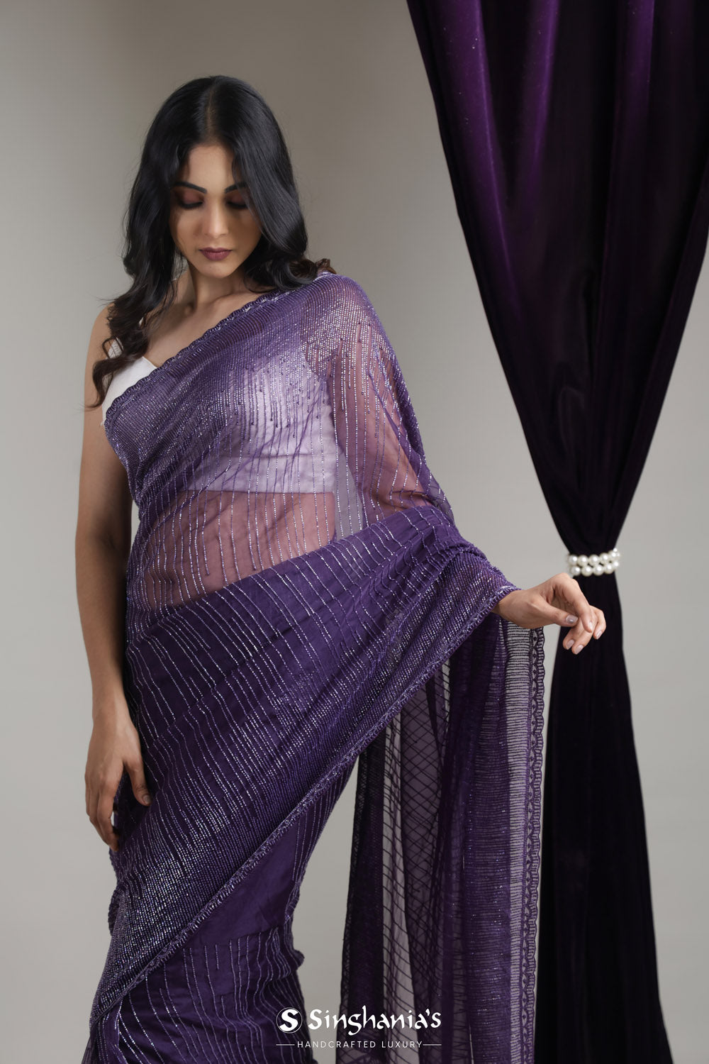 Russian Violet Organza Saree With Hand Embroidery