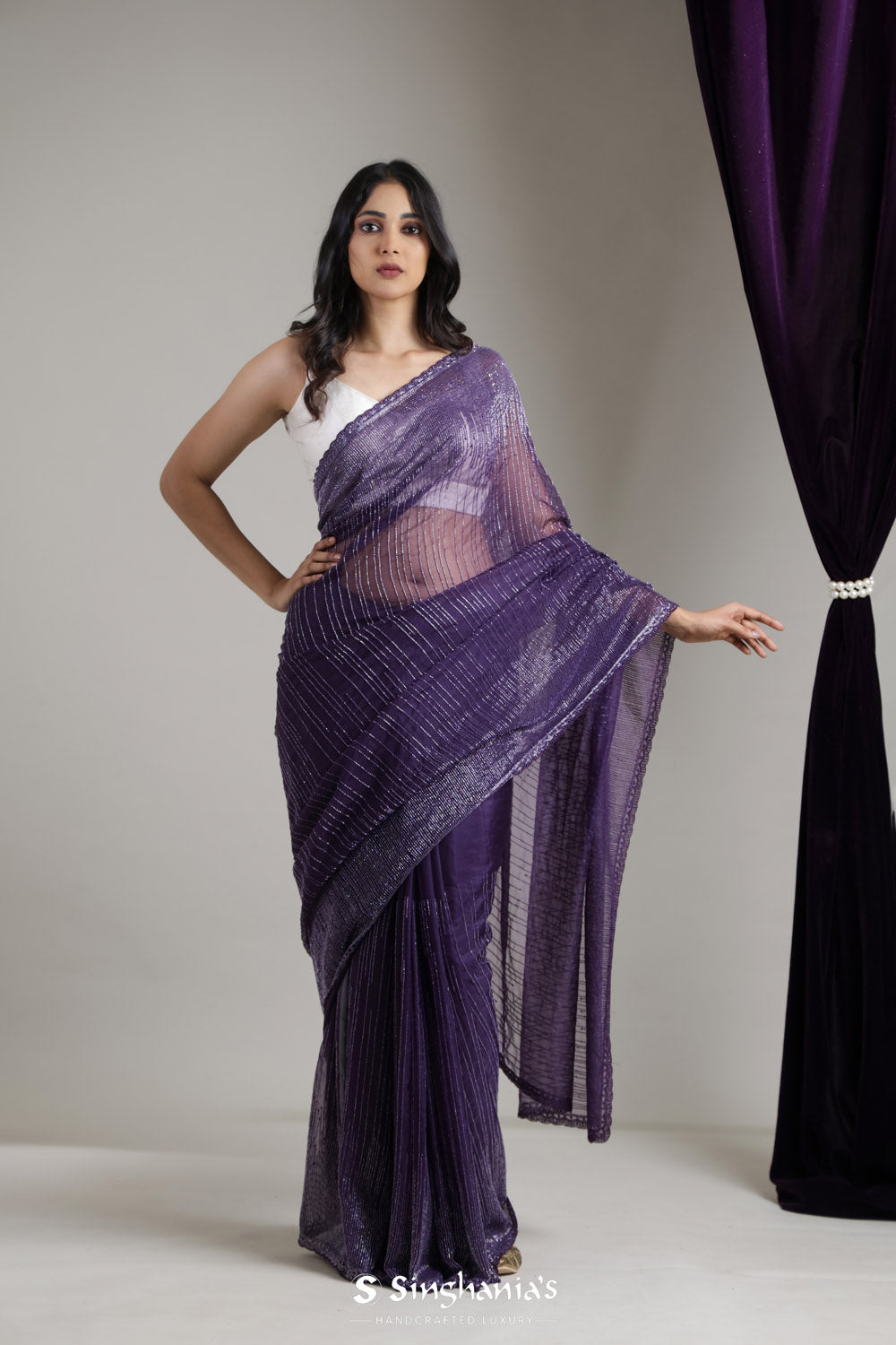 Russian Violet Organza Saree With Hand Embroidery