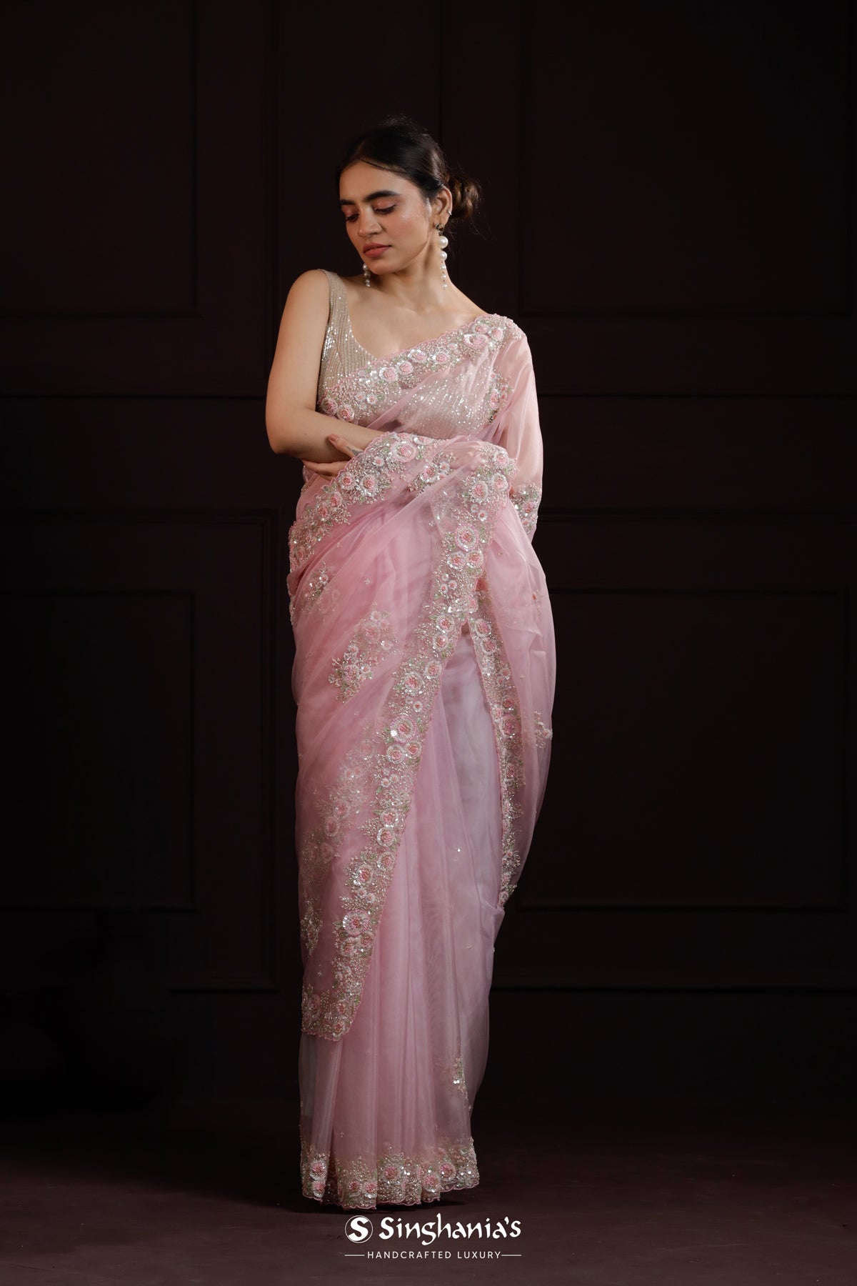 Candy Pink Organza Designer Saree With Hand Embroidery