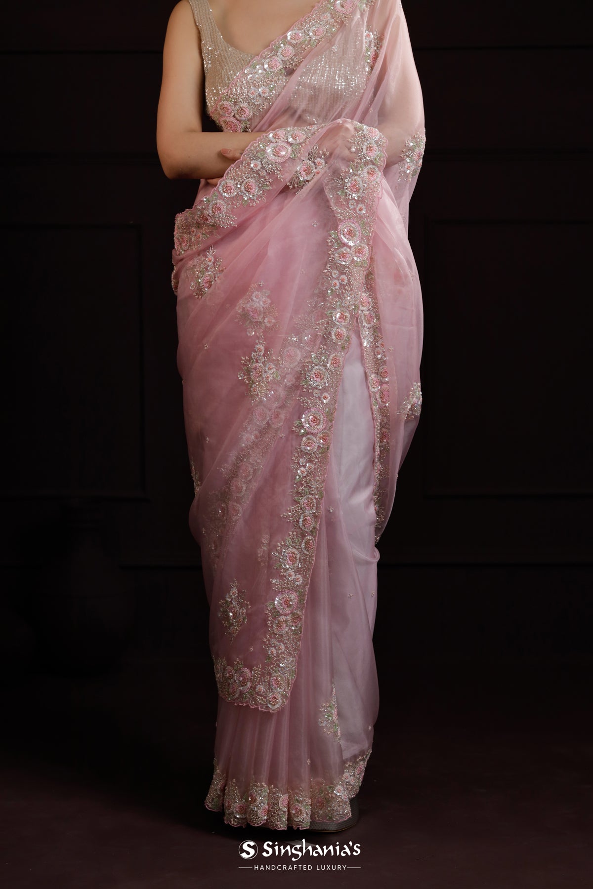 Candy Pink Organza Designer Saree With Hand Embroidery