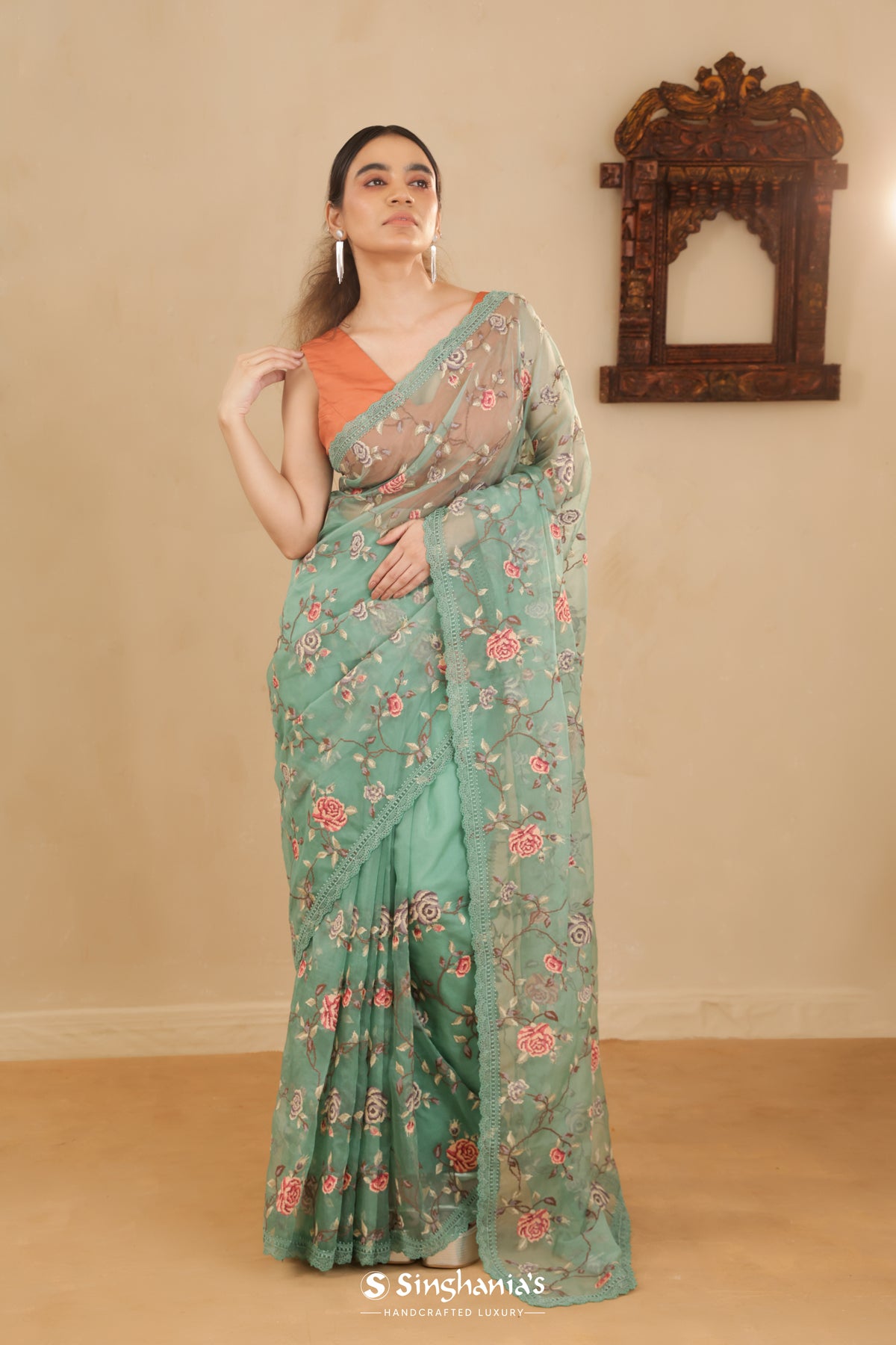 Sea Green Organza Saree With Floral Jaal Embroidery