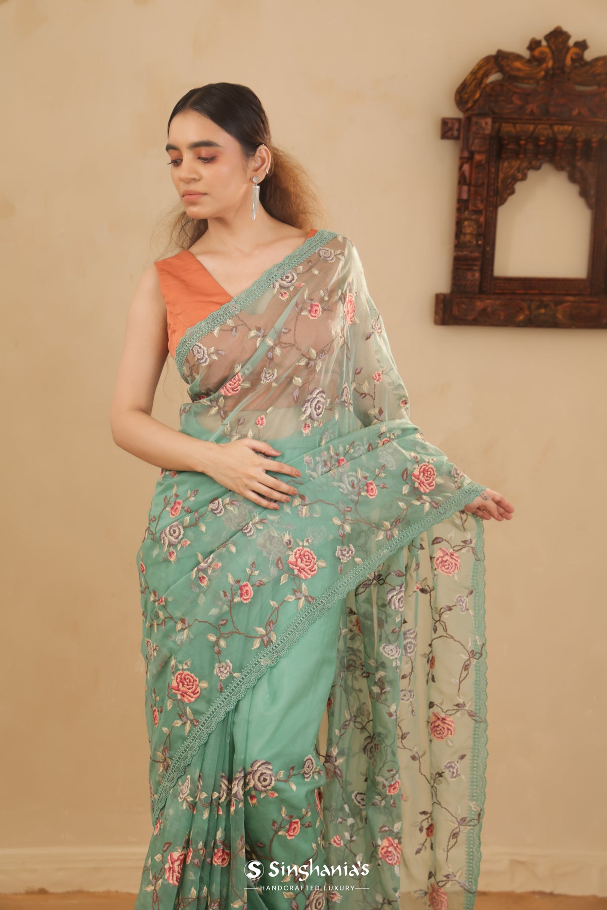 Sea Green Organza Saree With Floral Jaal Embroidery