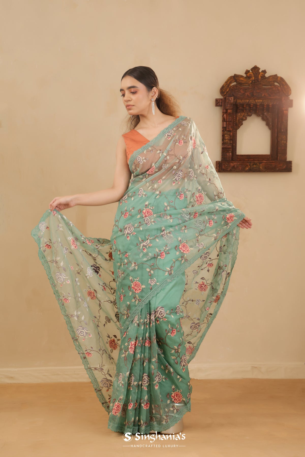 Sea Green Organza Saree With Floral Jaal Embroidery