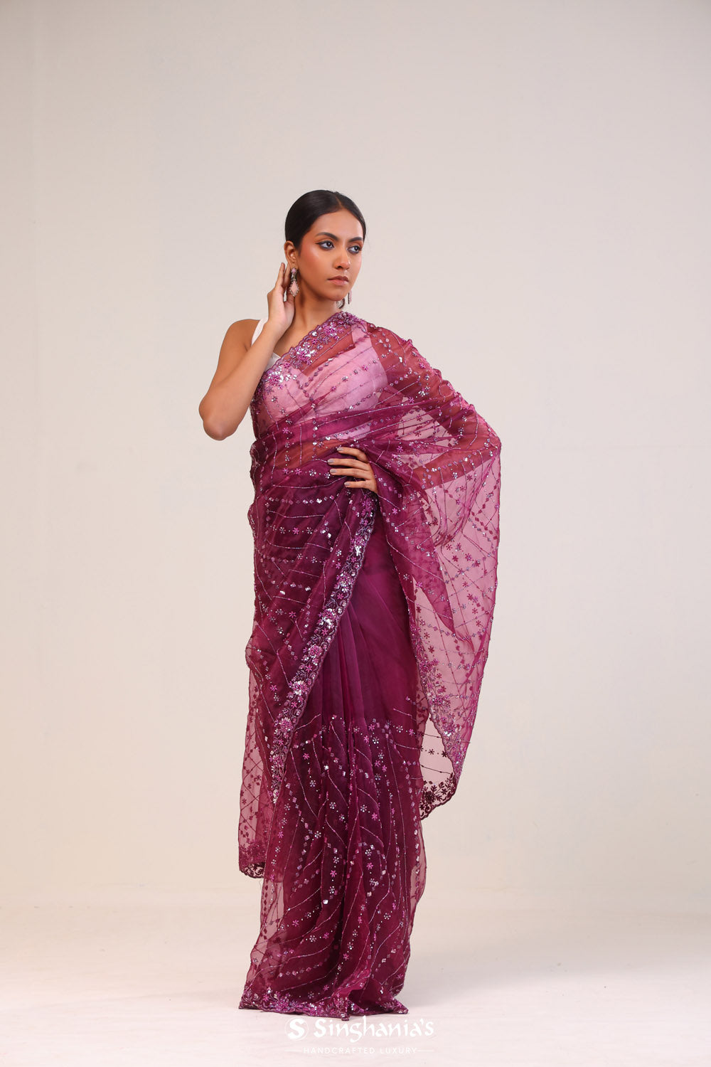 Tyrian Purple Organza Handcrafted Saree