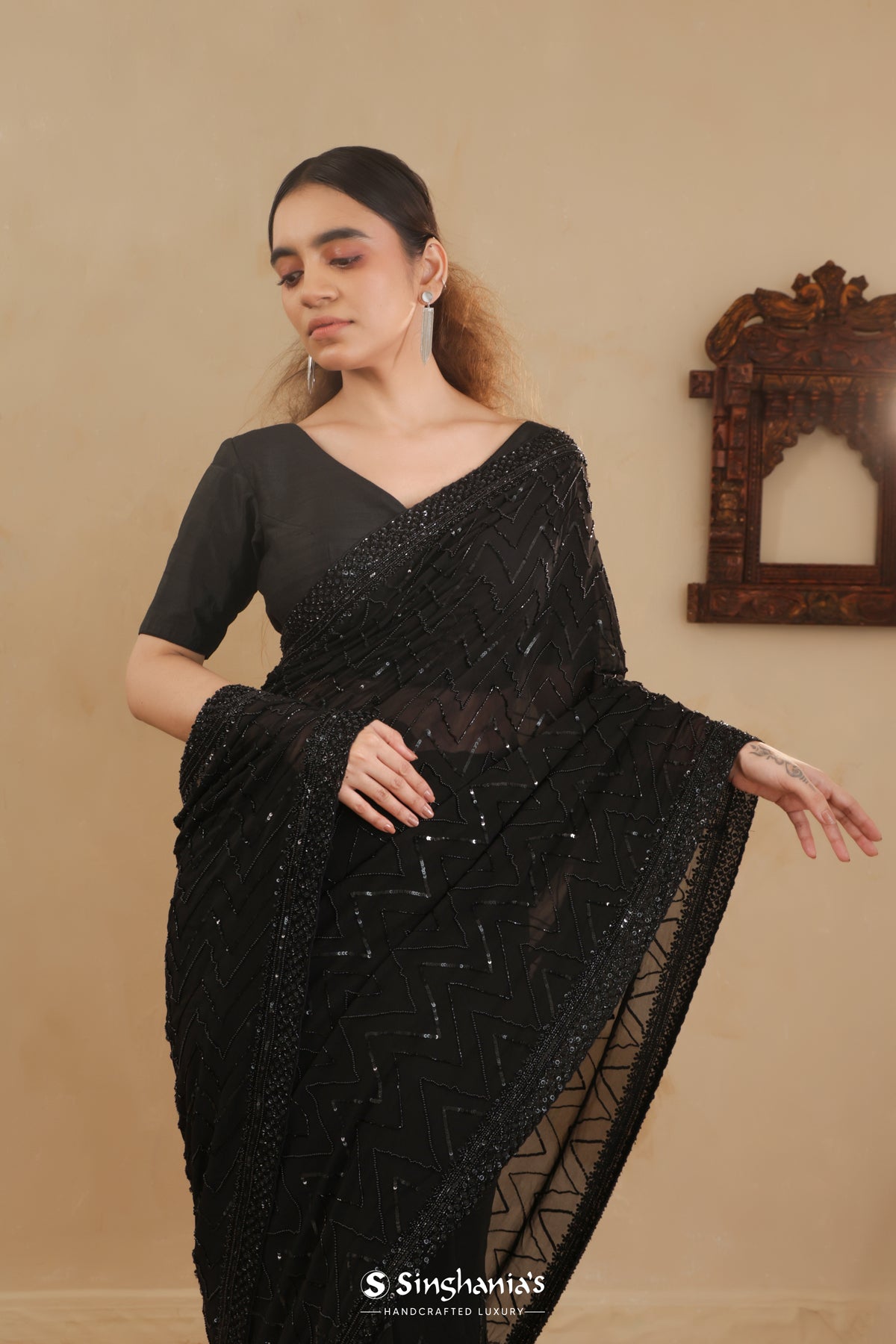 Kajal Black Hand Embroidery Georgette Saree