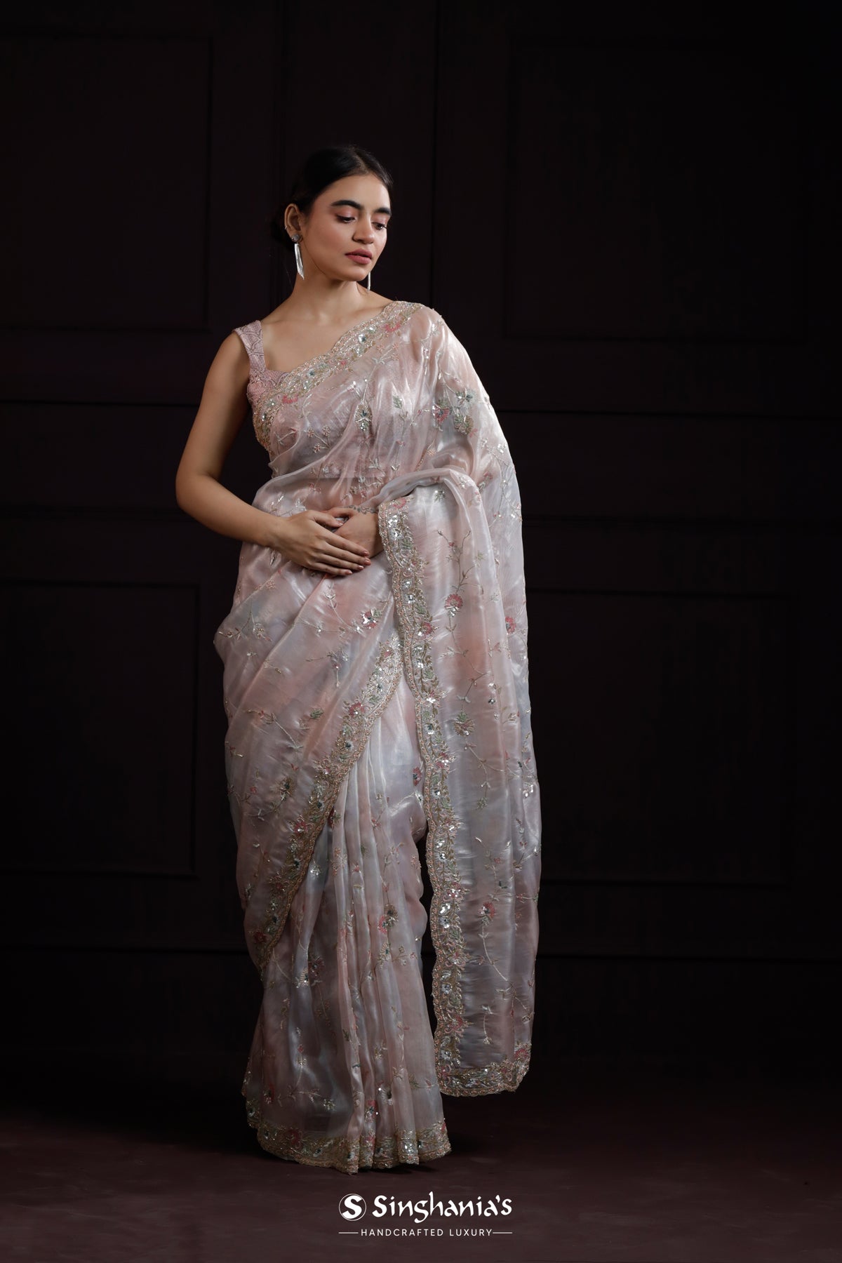 Blue Pink Designer Organza Saree With Hand Embroidery