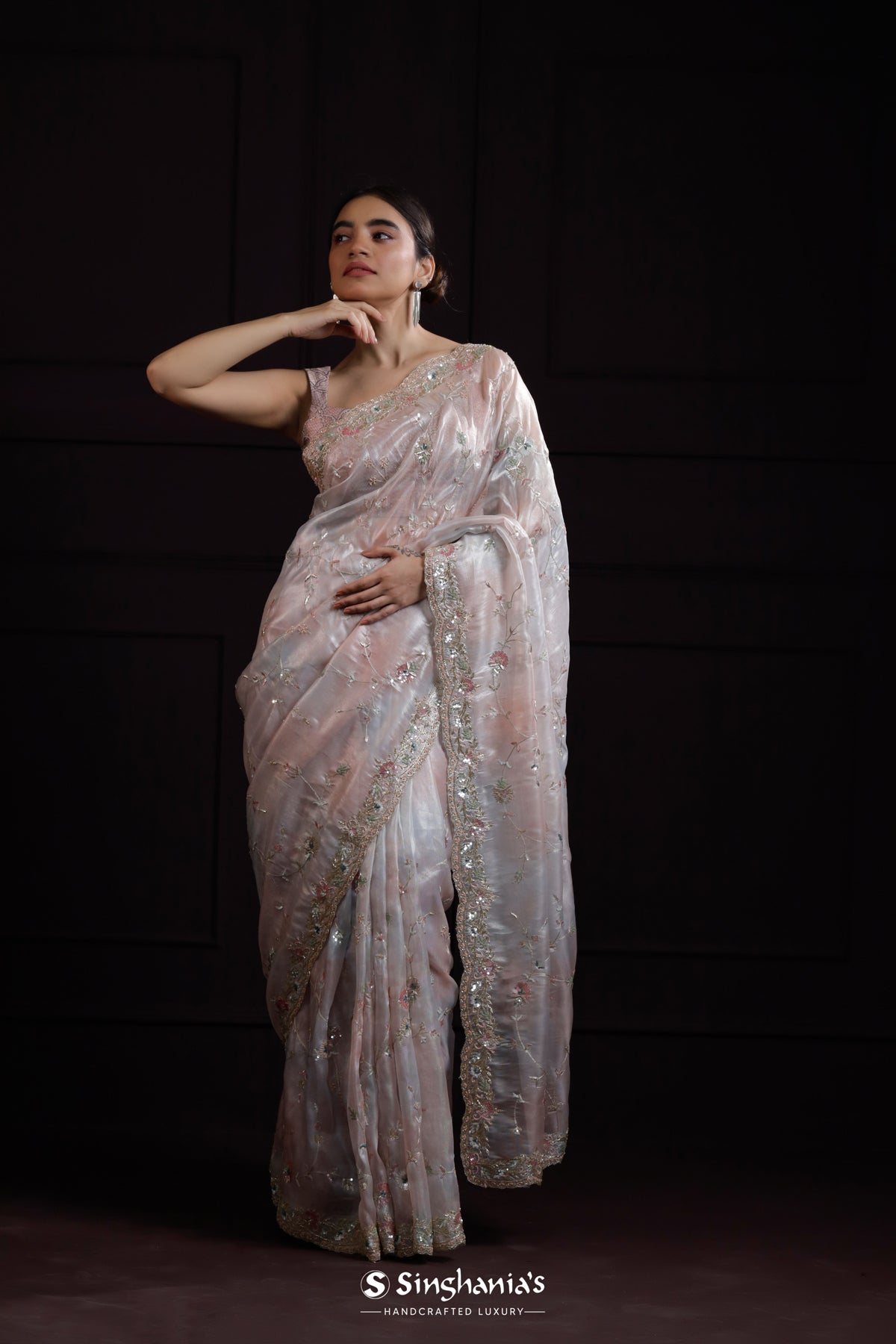 Blue Pink Designer Organza Saree With Hand Embroidery