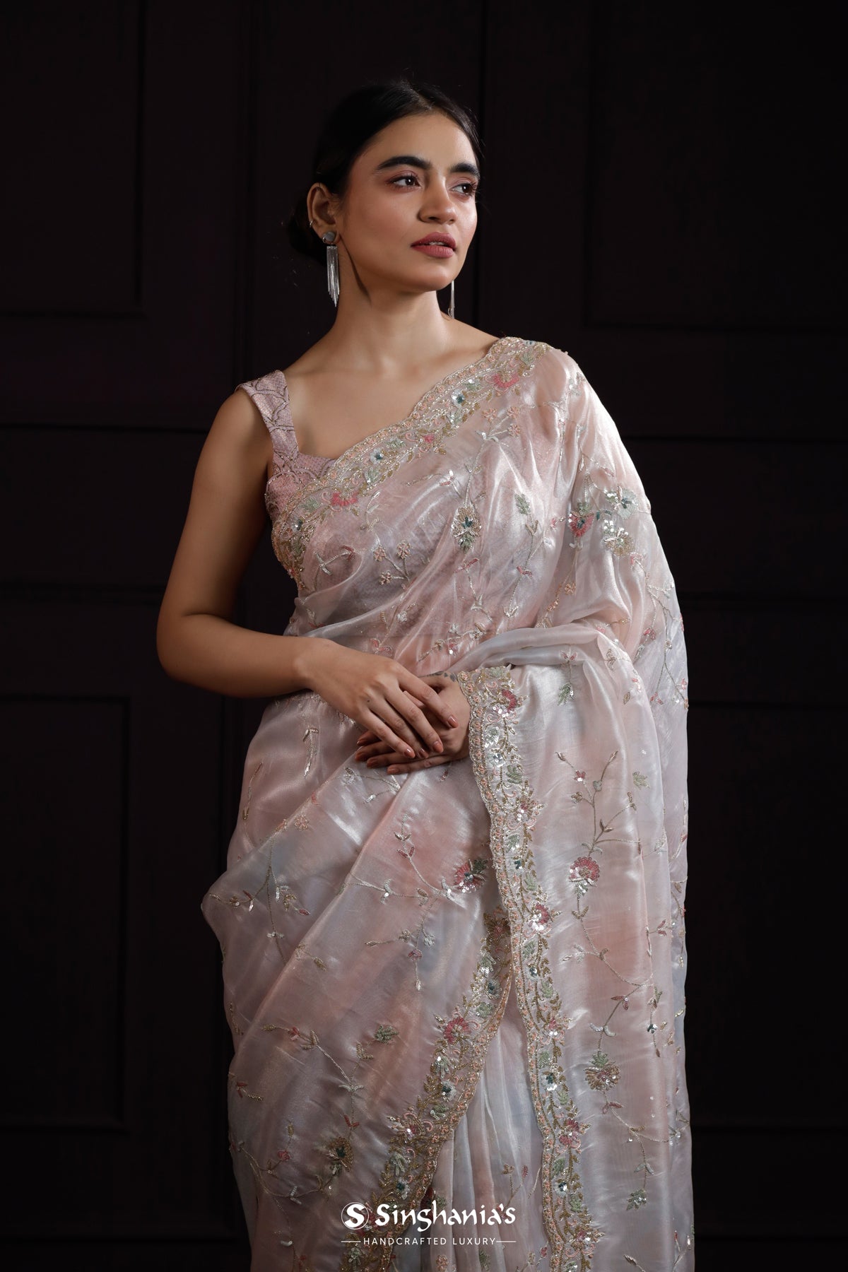 Blue Pink Designer Organza Saree With Hand Embroidery