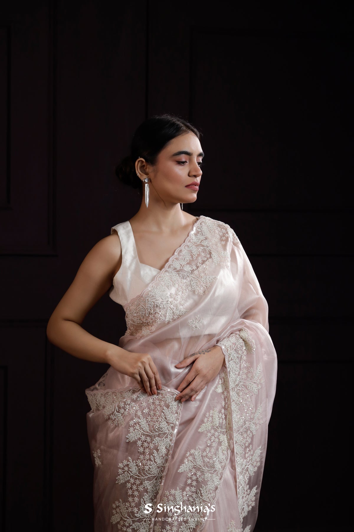 Lace Pink Tissue Designer Saree With Floral Embroidery