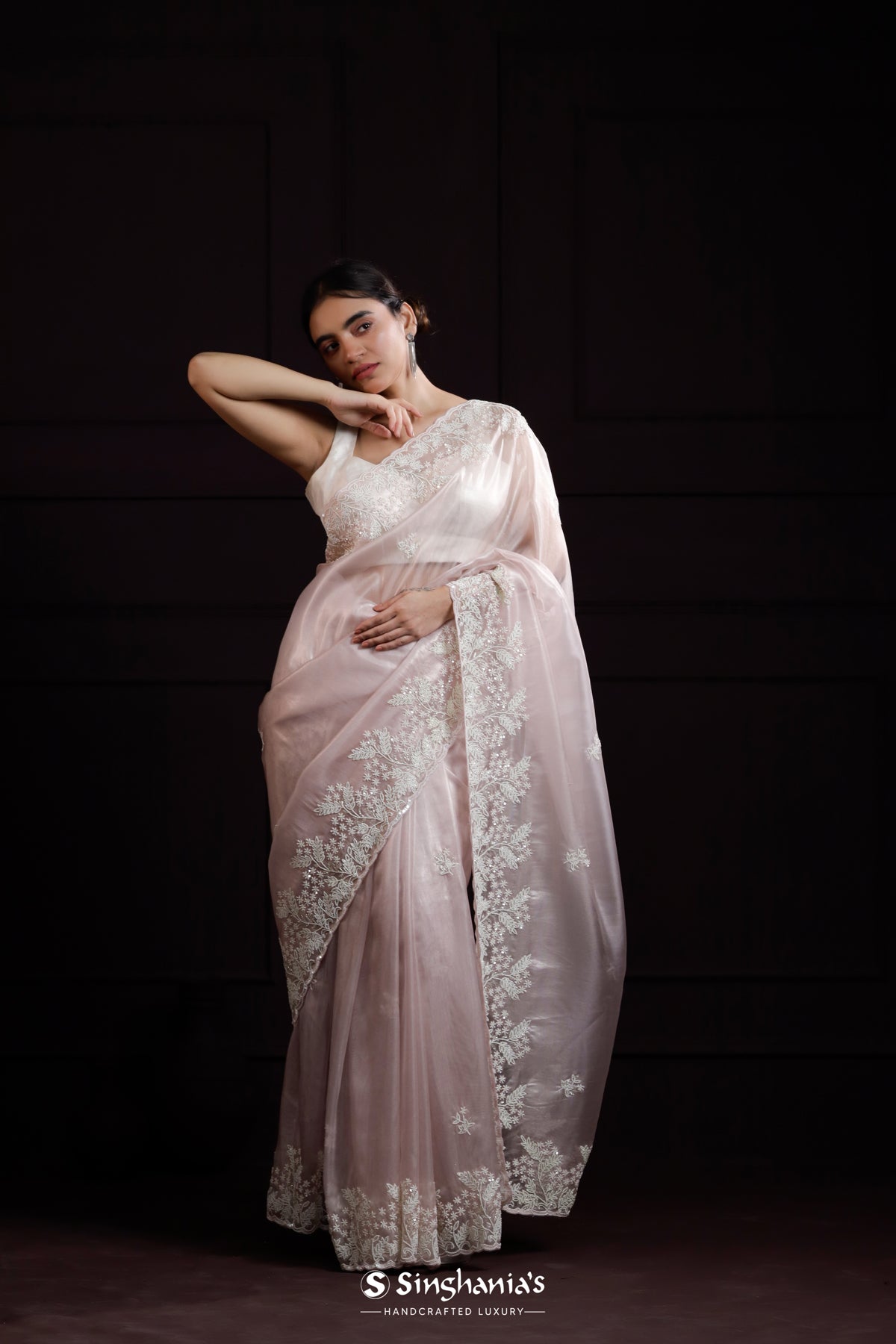 Lace Pink Tissue Designer Saree With Floral Embroidery